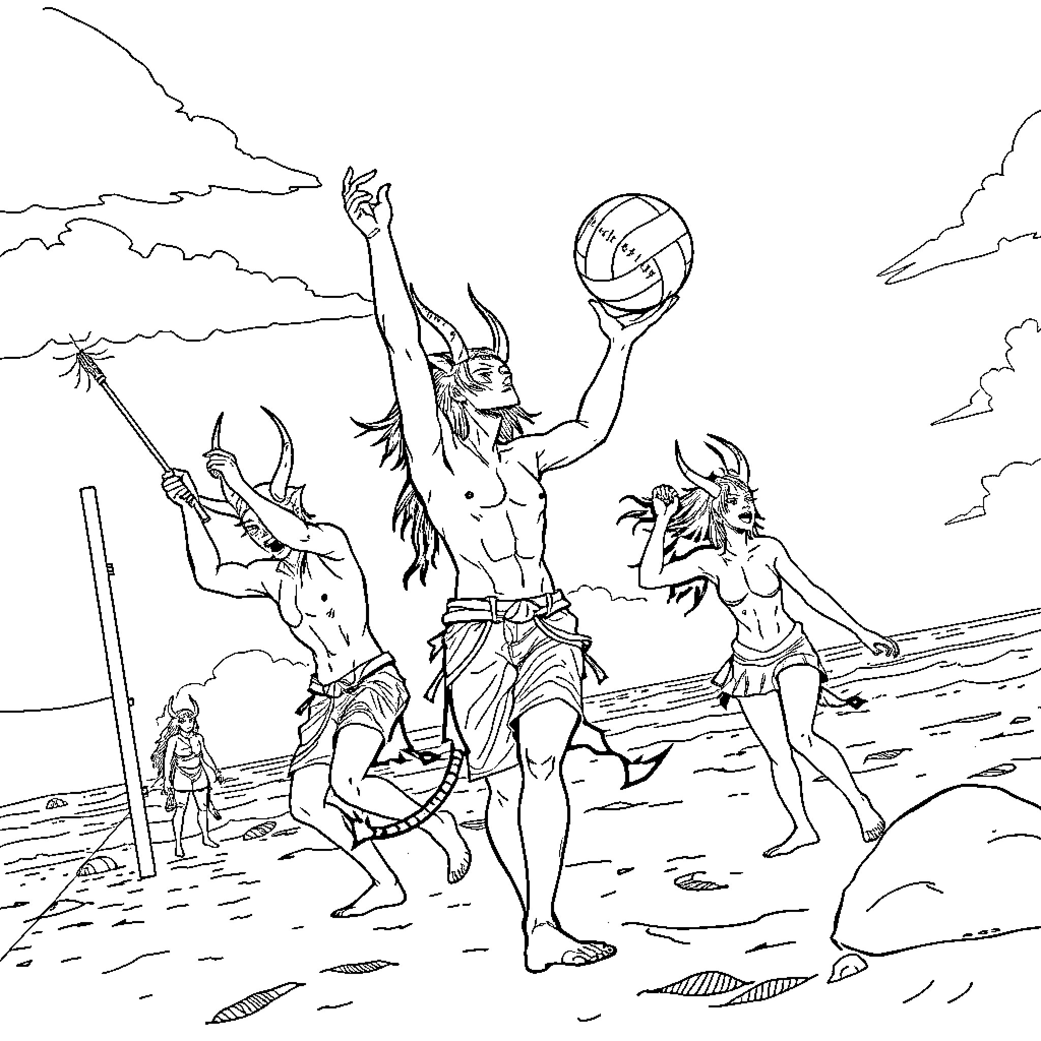 Demon Hunters in Fierce Beach Battle Coloring Page (free black-and-white line drawing printable PDF for all, from beginners to advanced learners, including children, teens, adults, and seniors)