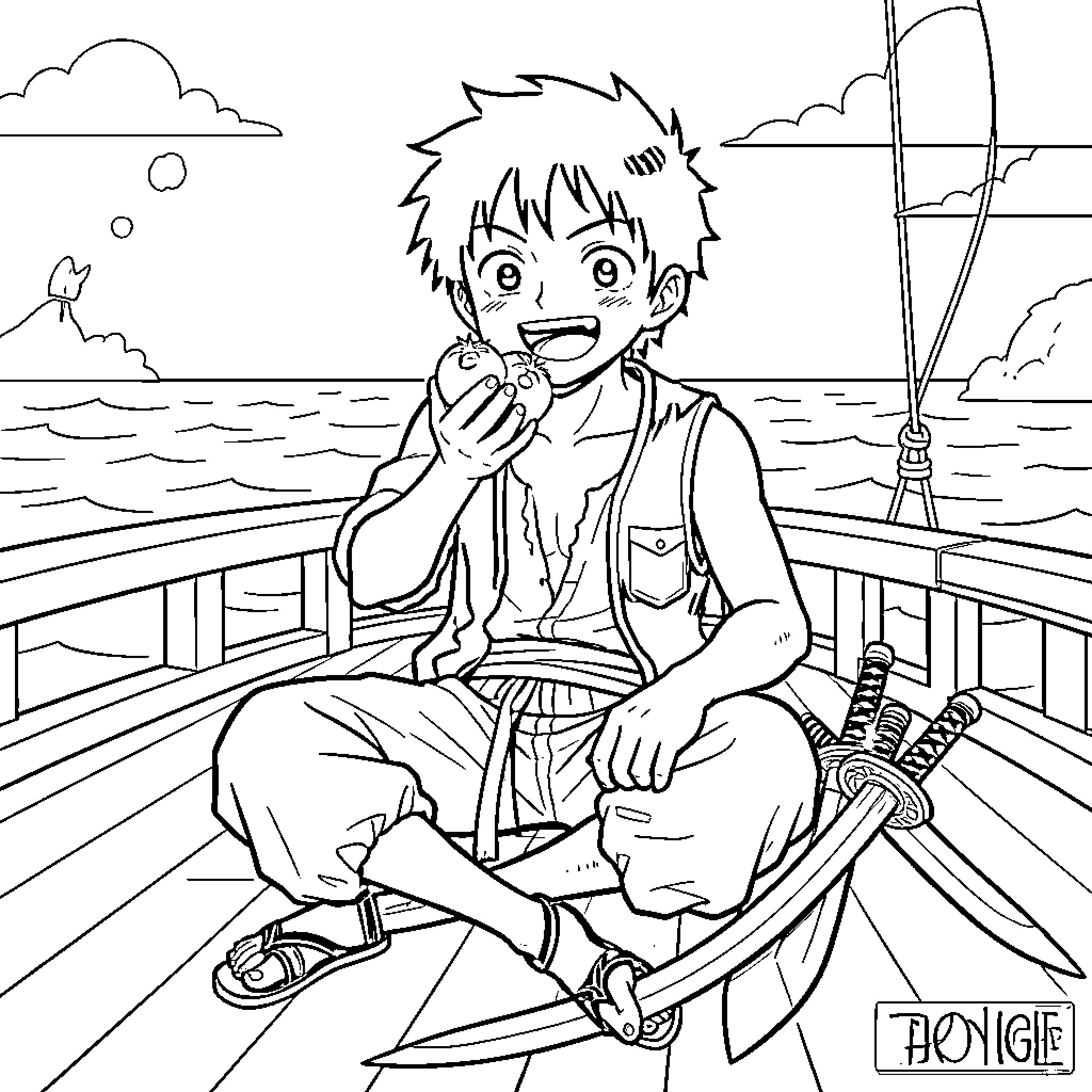 Roronoa Zoro Enjoying a Peaceful Moment on the Sea Coloring Page (free black-and-white line drawing printable PDF for all, from beginners to advanced learners, including children, teens, adults, and seniors)