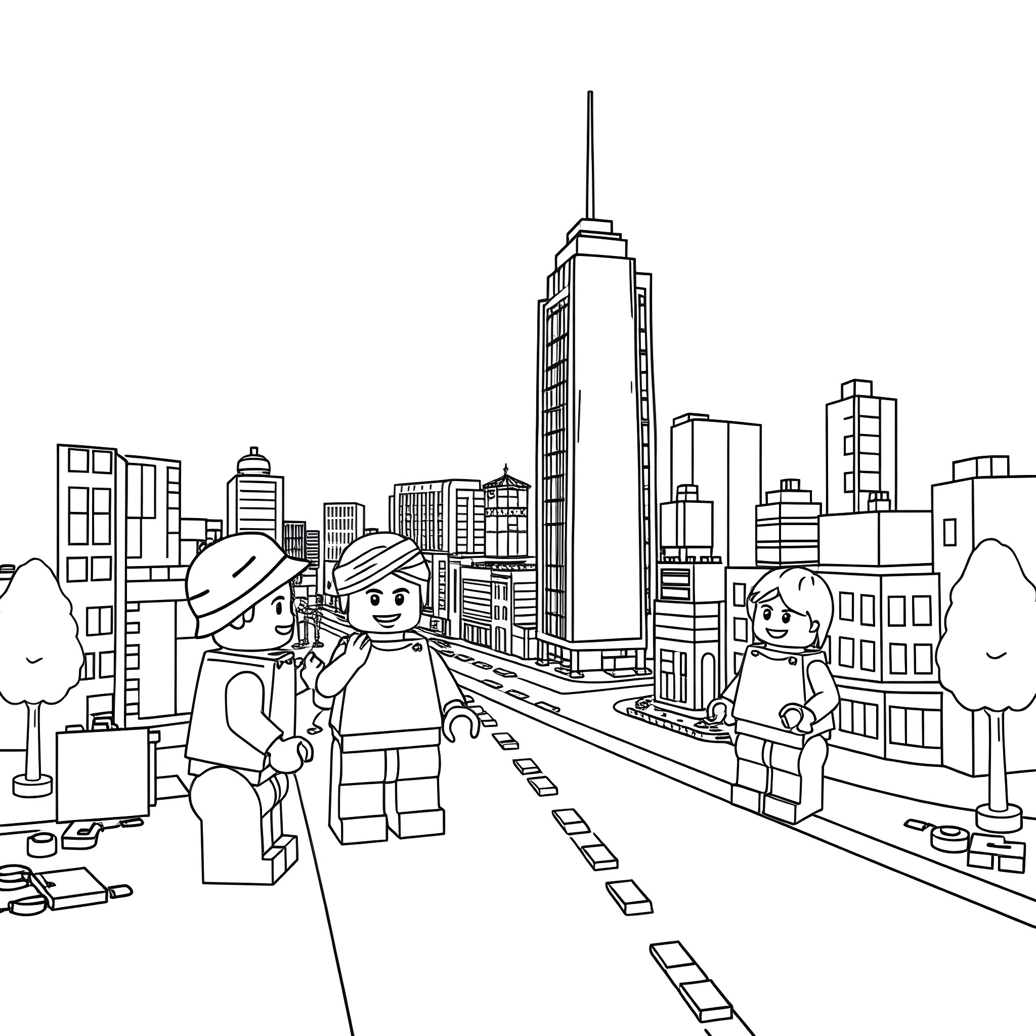 LEGO Minifigure family exploring the city skyline Coloring Page (free black-and-white line drawing printable PDF for all, from beginners to advanced learners, including children, teens, adults, and seniors)
