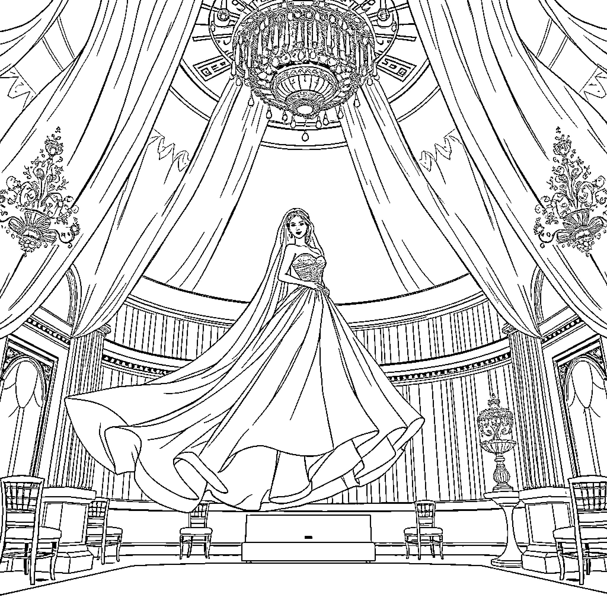 Bride in Elegant Ballroom Setting Coloring Page (free black-and-white line drawing printable PDF for all, from beginners to advanced learners, including children, teens, adults, and seniors)