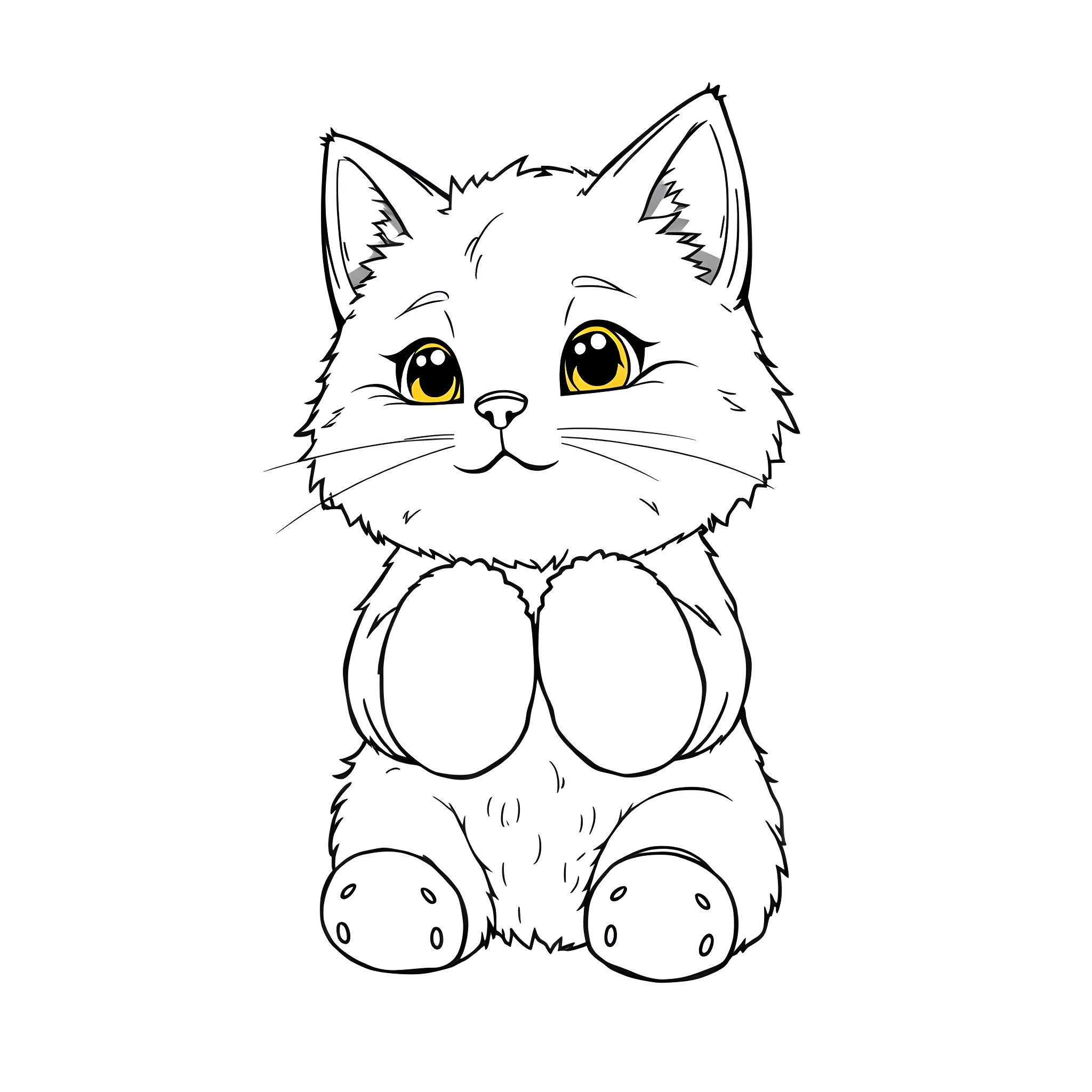 Cat sitting patiently with big eyes Coloring Page (free black-and-white line drawing printable PDF for all, from beginners to advanced learners, including children, teens, adults, and seniors)