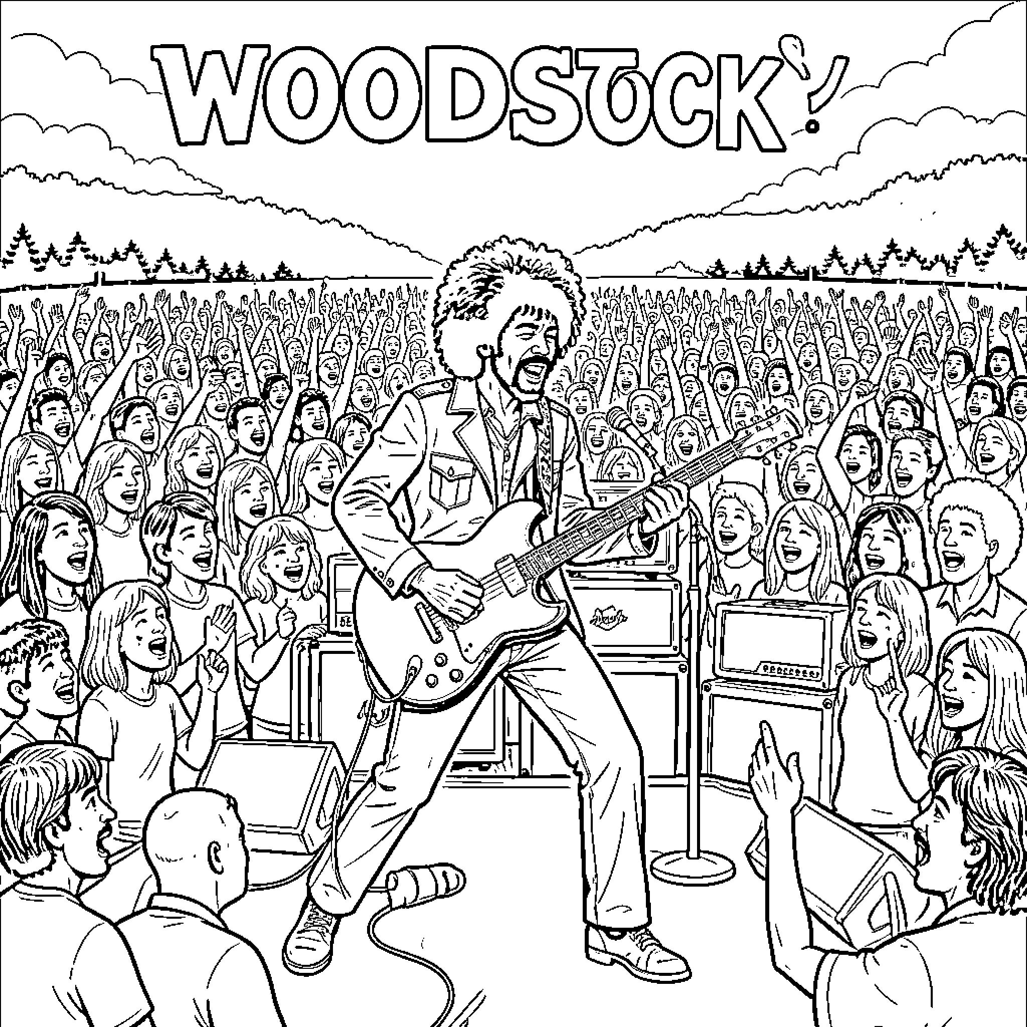 Jimi Hendrix performing energetically on stage before a massive crowd Coloring Page (free black-and-white line drawing printable PDF for all, from beginners to advanced learners, including children, teens, adults, and seniors)