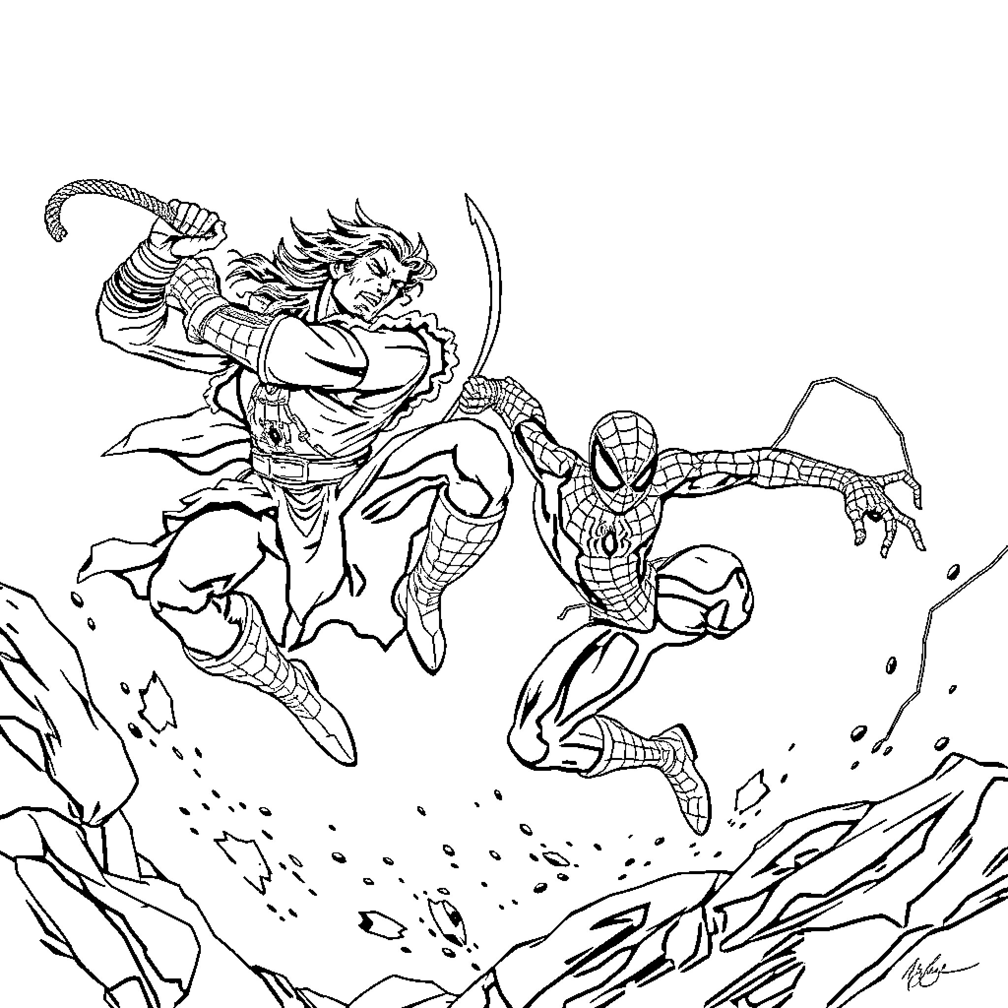 Trevor Belmont battles alongside Spider-Man in an intense confrontation Coloring Page (free black-and-white line drawing printable PDF for all, from beginners to advanced learners, including children, teens, adults, and seniors)