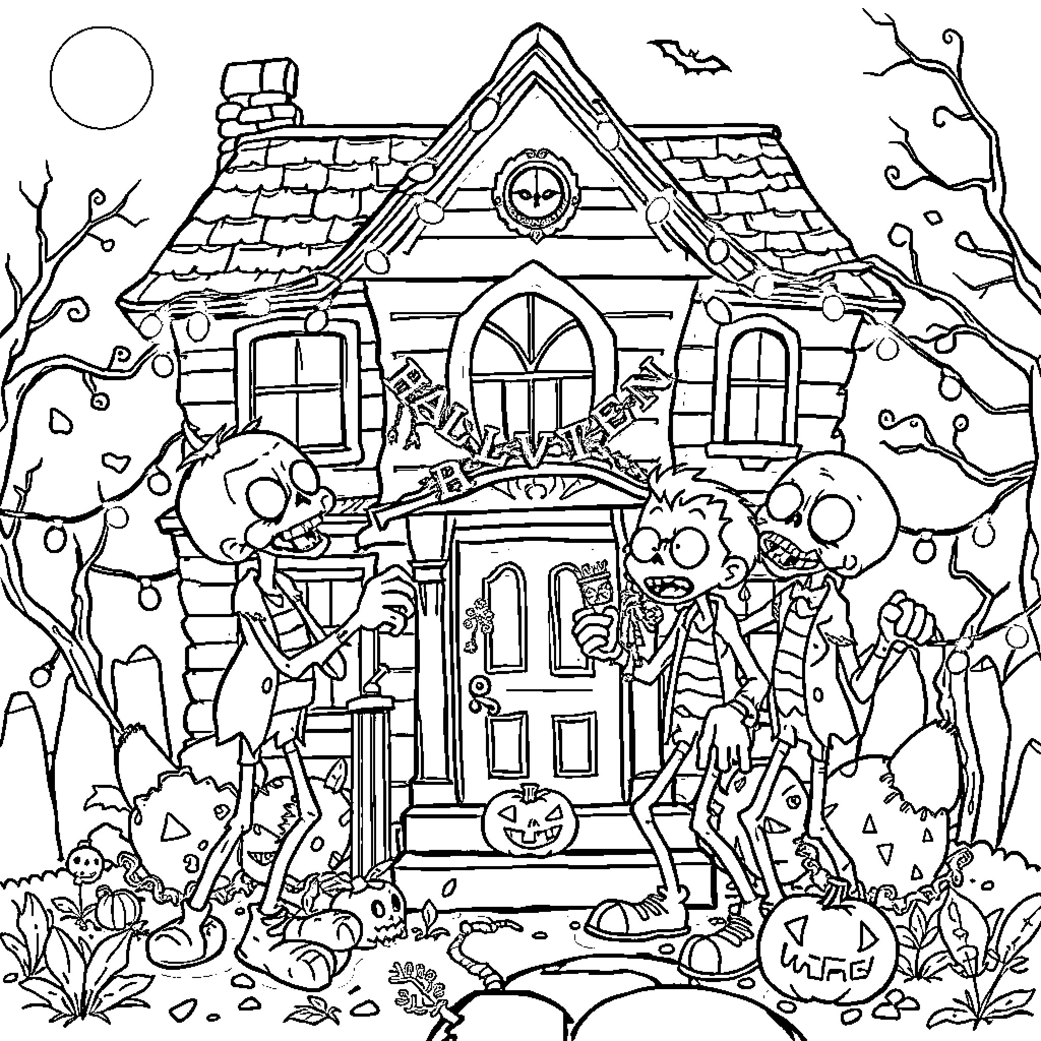 Zombie-themed Halloween scene with haunted house and characters Coloring Page (free black-and-white line drawing printable PDF for all, from beginners to advanced learners, including children, teens, adults, and seniors)