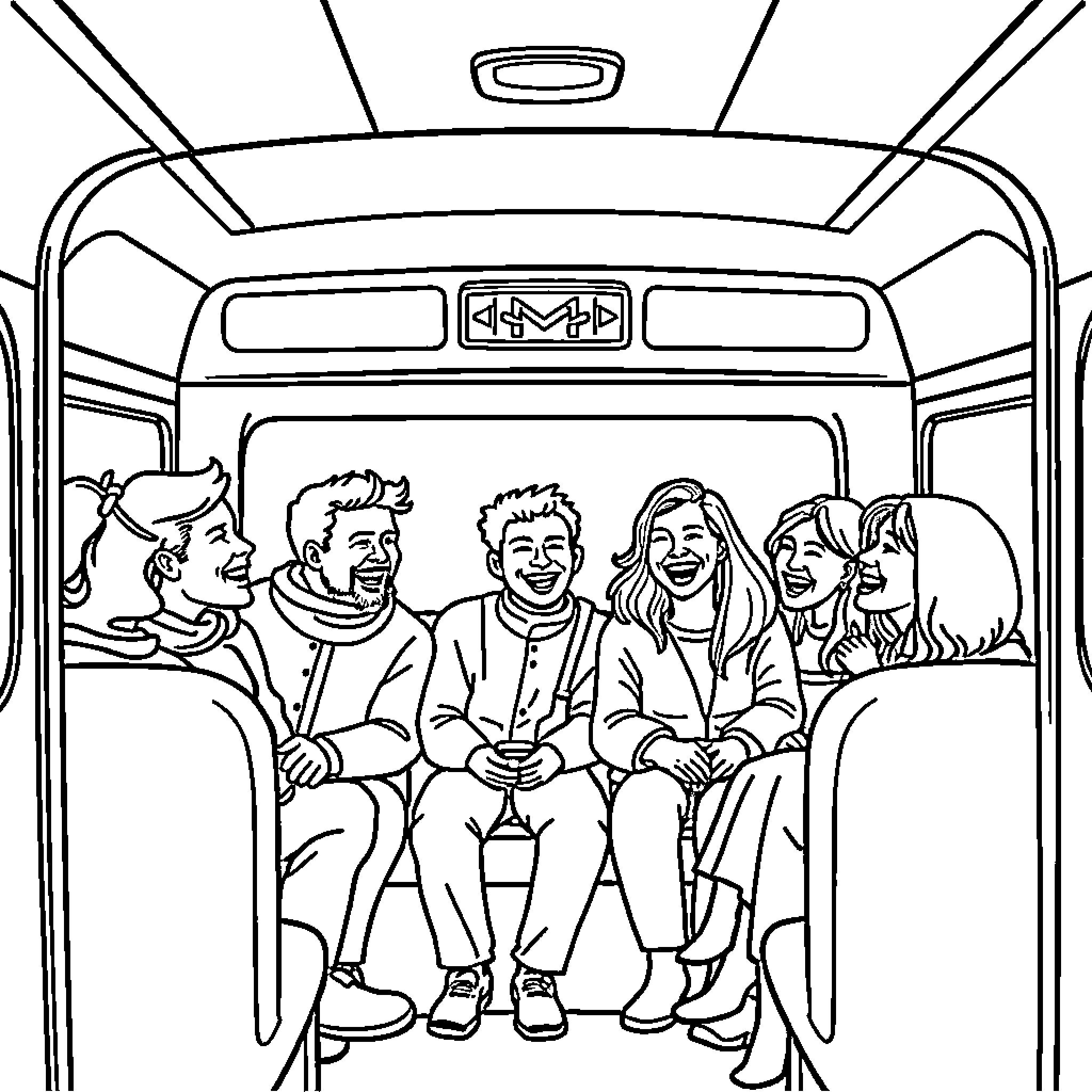 People riding together on public transportation Coloring Page (free black-and-white line drawing printable PDF for all, from beginners to advanced learners, including children, teens, adults, and seniors)