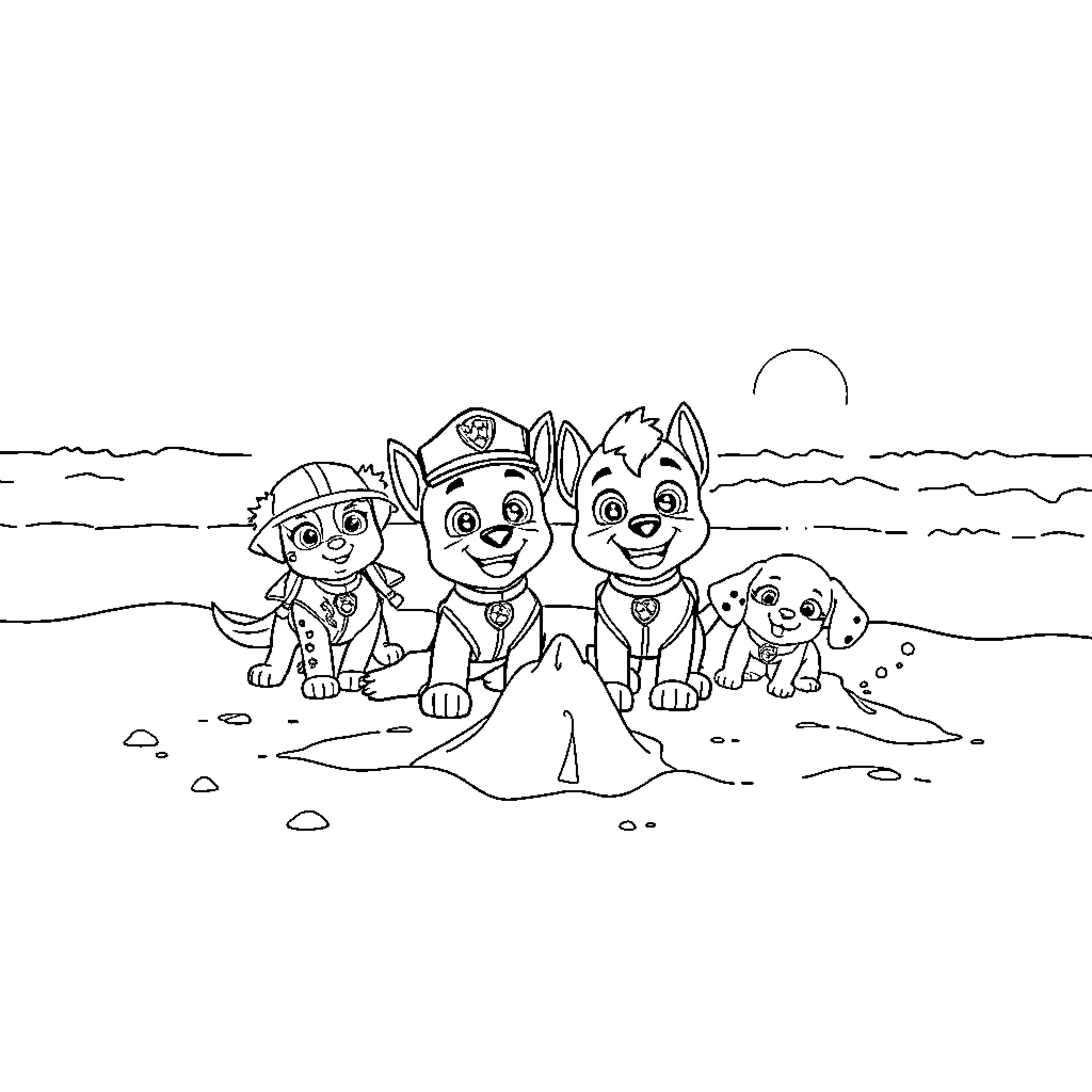 Paw Patrol pups playing on the beach Coloring Page (free black-and-white line drawing printable PDF for all, from beginners to advanced learners, including children, teens, adults, and seniors)