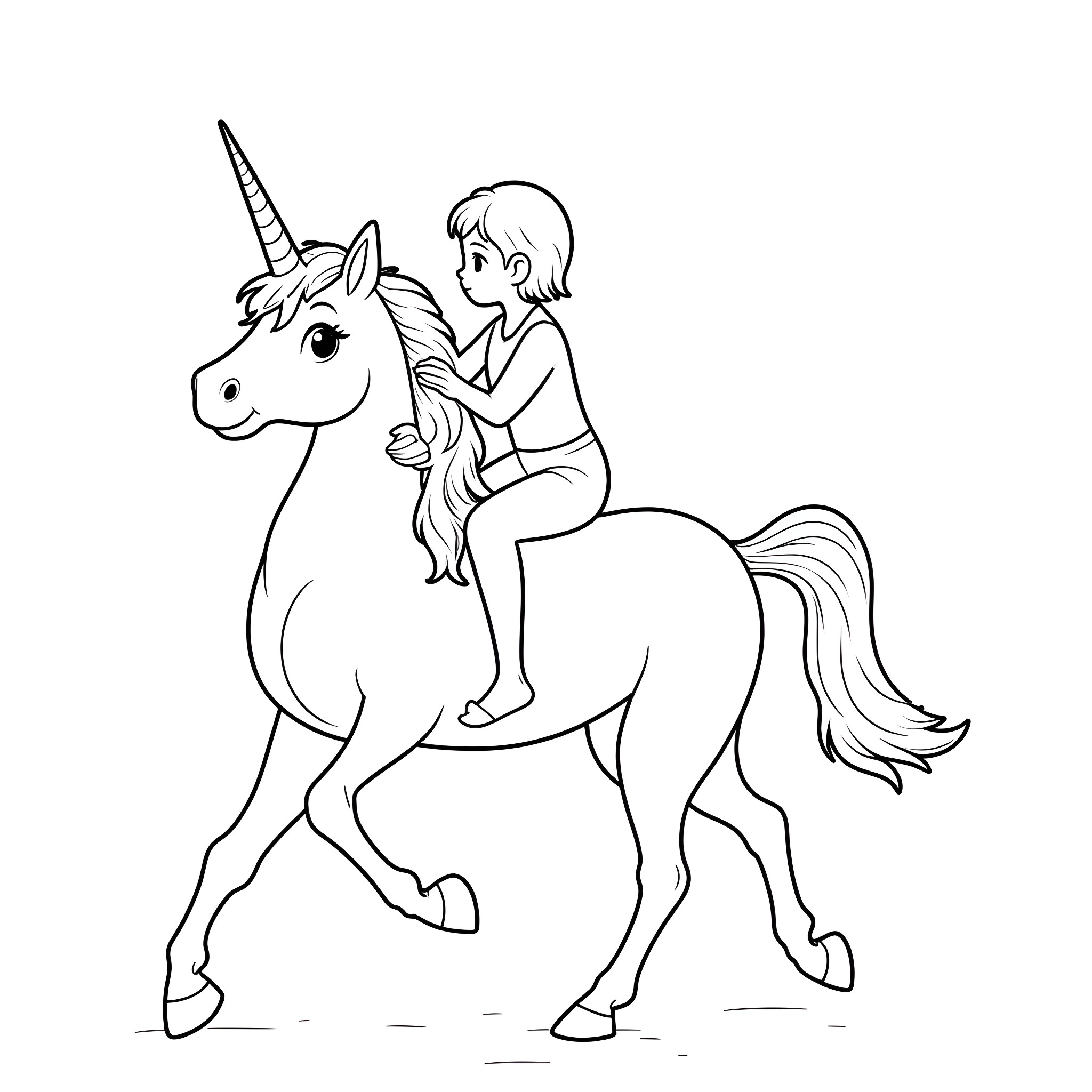 Unicorn Ride with a Joyful Child Coloring Page (free black-and-white line drawing printable PDF for all, from beginners to advanced learners, including children, teens, adults, and seniors)