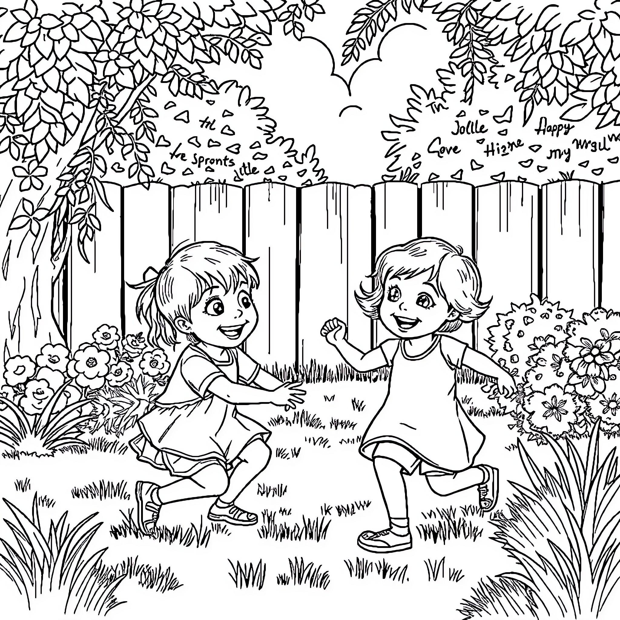Sibling children playing happily in the garden Coloring Page (free black-and-white line drawing printable PDF for all, from beginners to advanced learners, including children, teens, adults, and seniors)