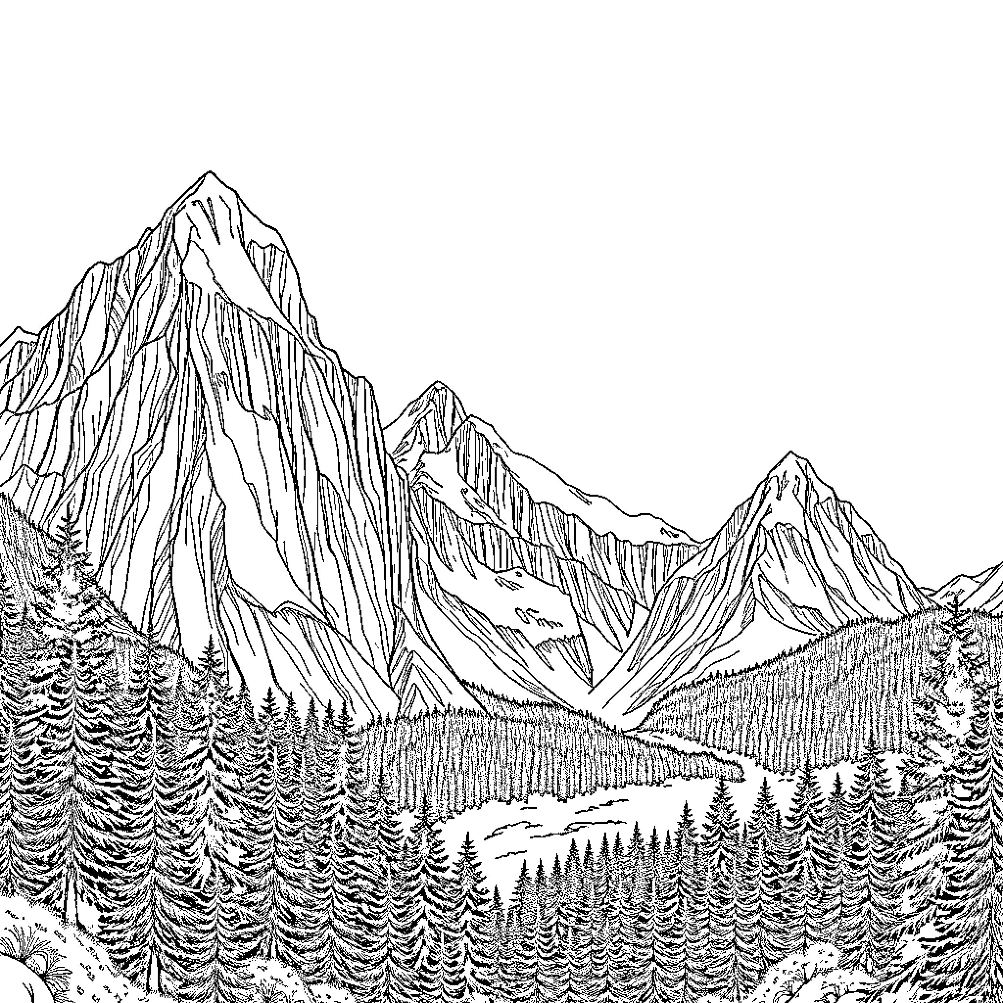 Mountain landscape with majestic peaks and pine forests Coloring Page (free black-and-white line drawing printable PDF for all, from beginners to advanced learners, including children, teens, adults, and seniors)