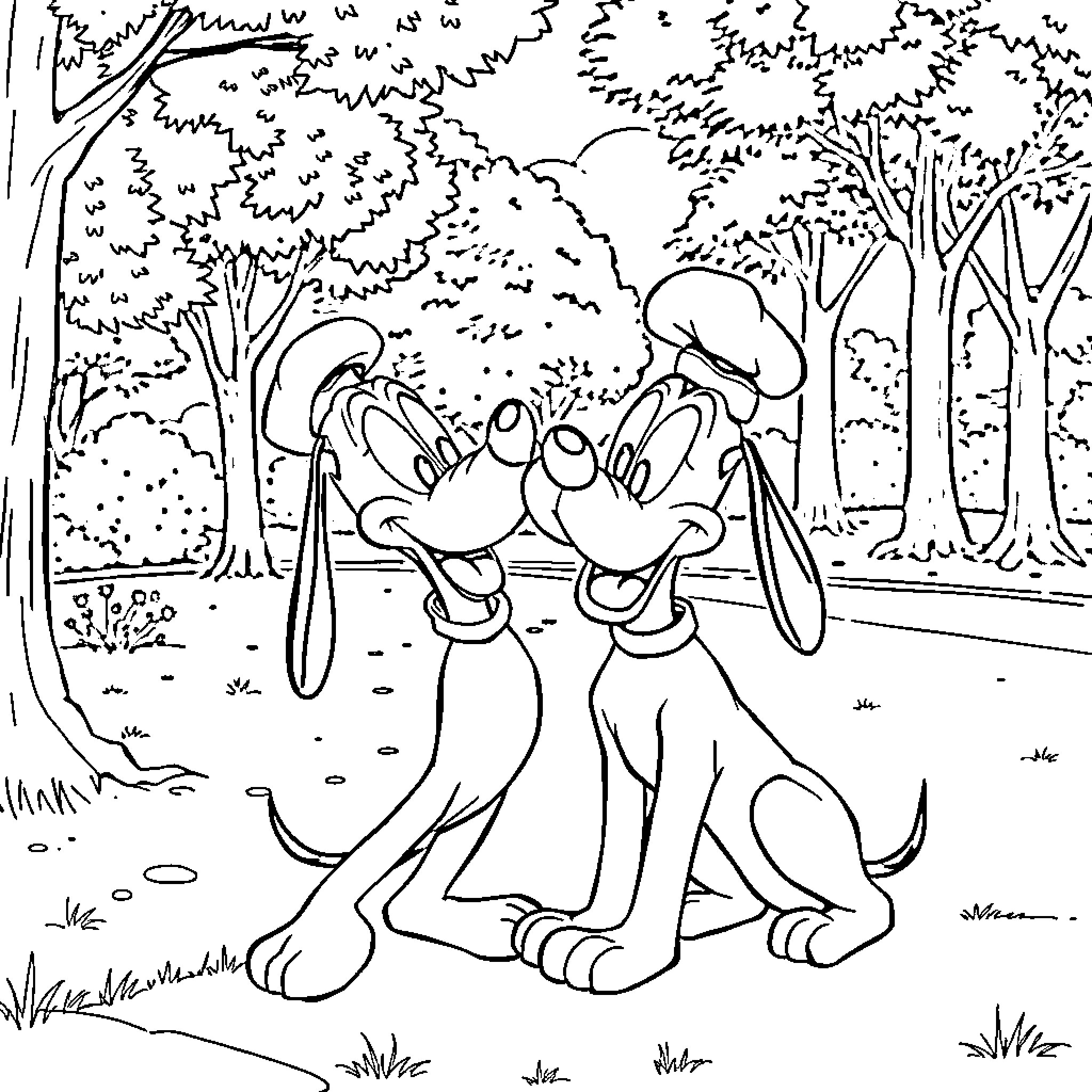 Pluto and Goofy playing in the forest Coloring Page (free black-and-white line drawing printable PDF for all, from beginners to advanced learners, including children, teens, adults, and seniors)