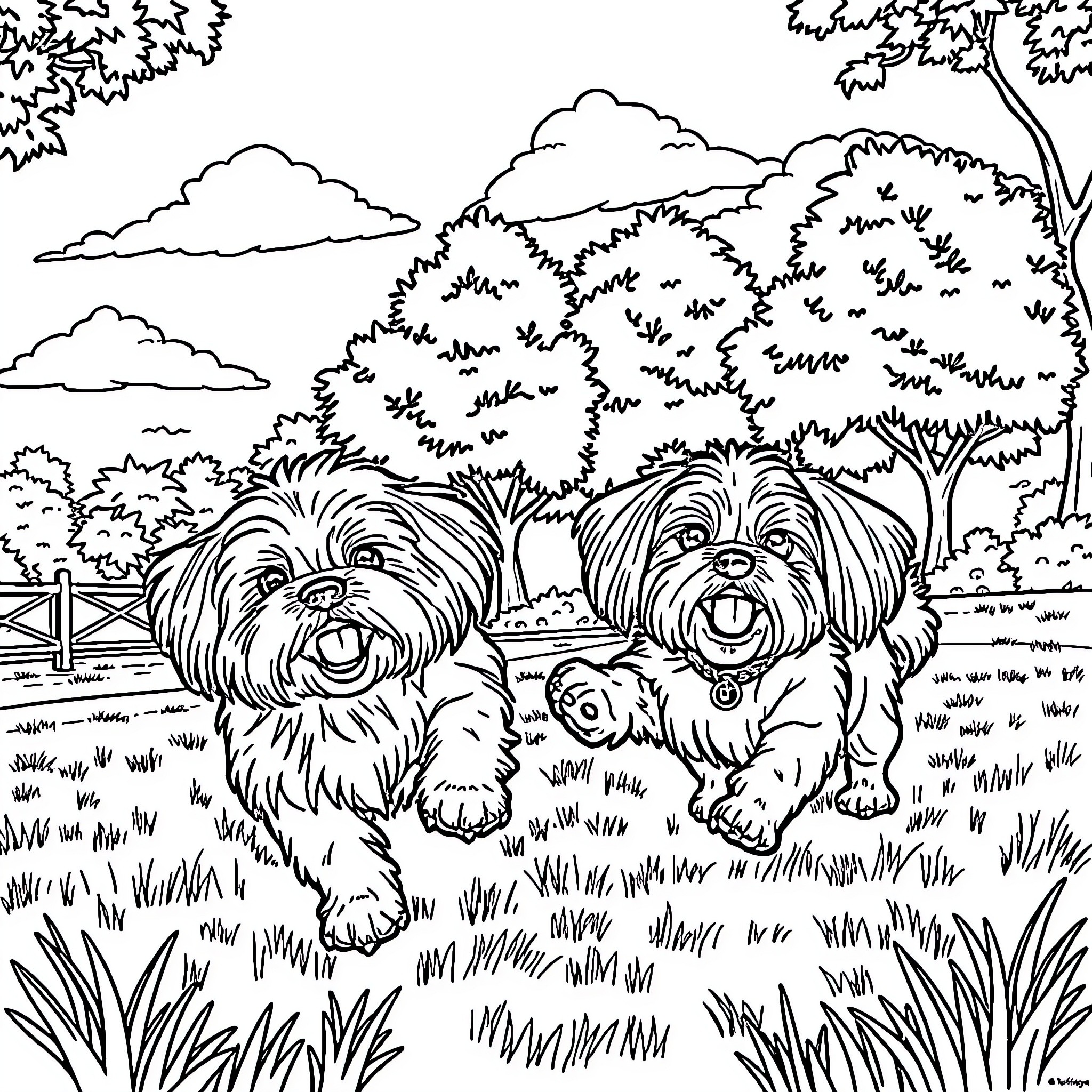 Dog friends playing happily in the park Coloring Page (free black-and-white line drawing printable PDF for all, from beginners to advanced learners, including children, teens, adults, and seniors)