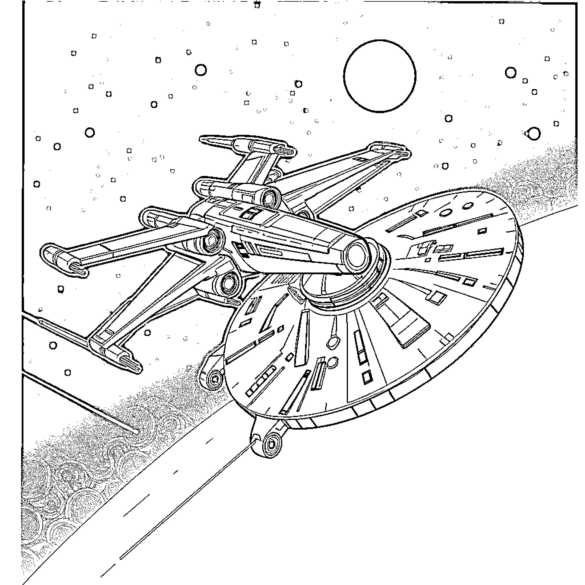 Starship with futuristic spacecraft design Coloring Page (free black-and-white line drawing printable PDF for all, from beginners to advanced learners, including children, teens, adults, and seniors)