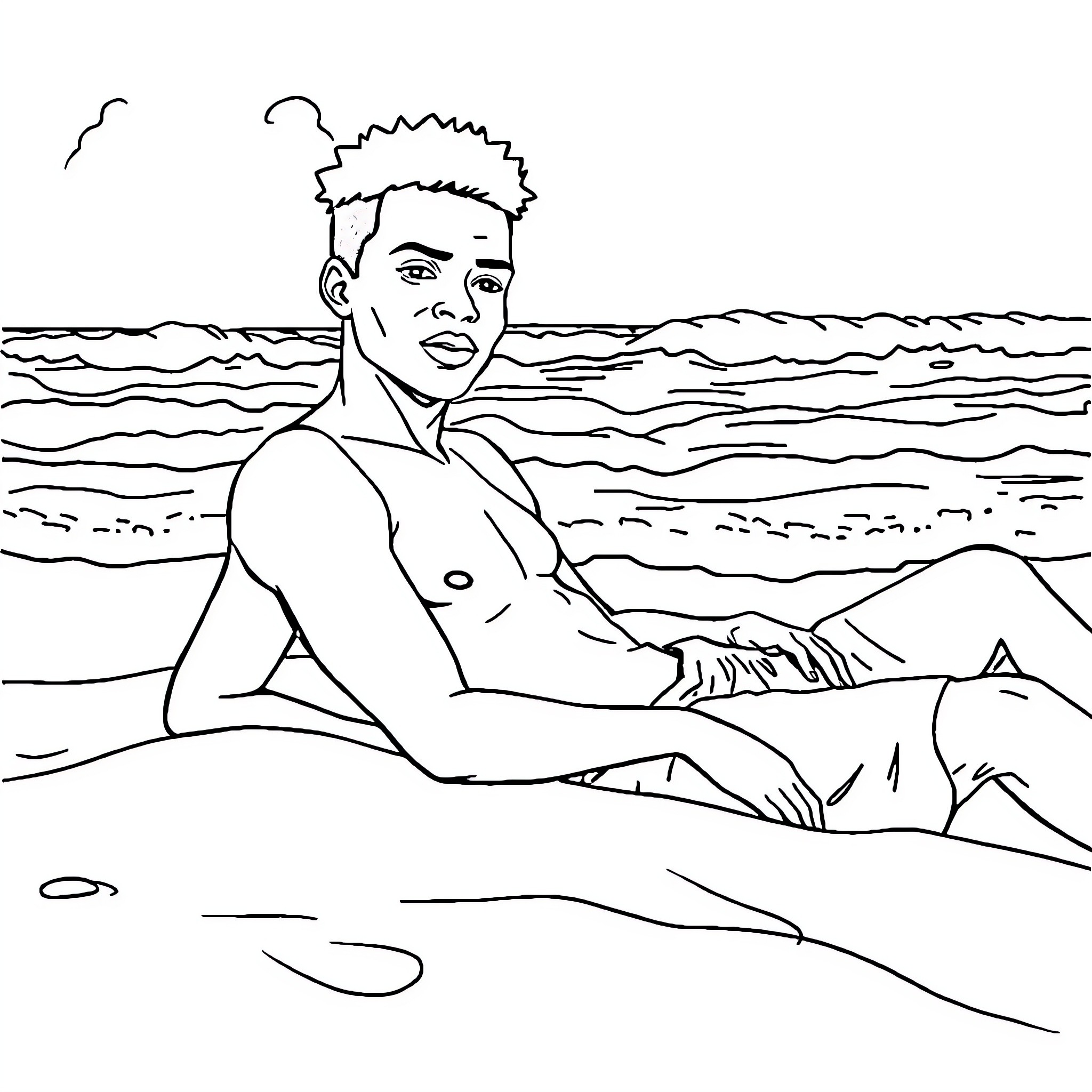 Man relaxing on the beach Coloring Page (free black-and-white line drawing printable PDF for all, from beginners to advanced learners, including children, teens, adults, and seniors)