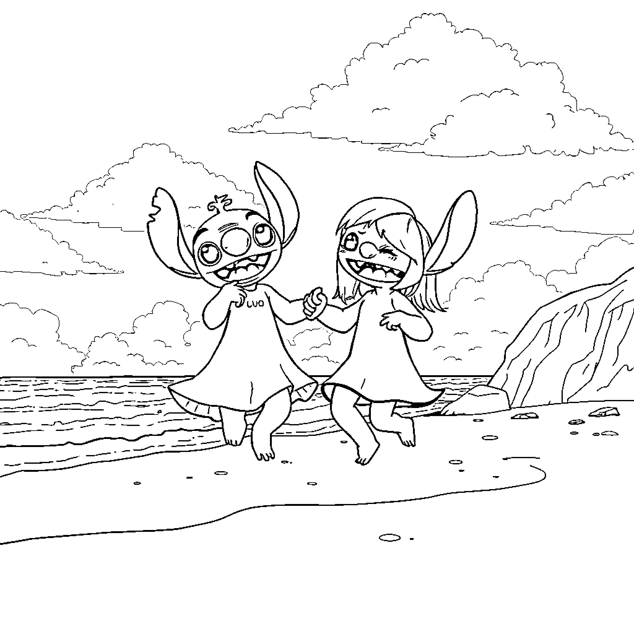 Stitch friends dancing on the beach Coloring Page (free black-and-white line drawing printable PDF for all, from beginners to advanced learners, including children, teens, adults, and seniors)