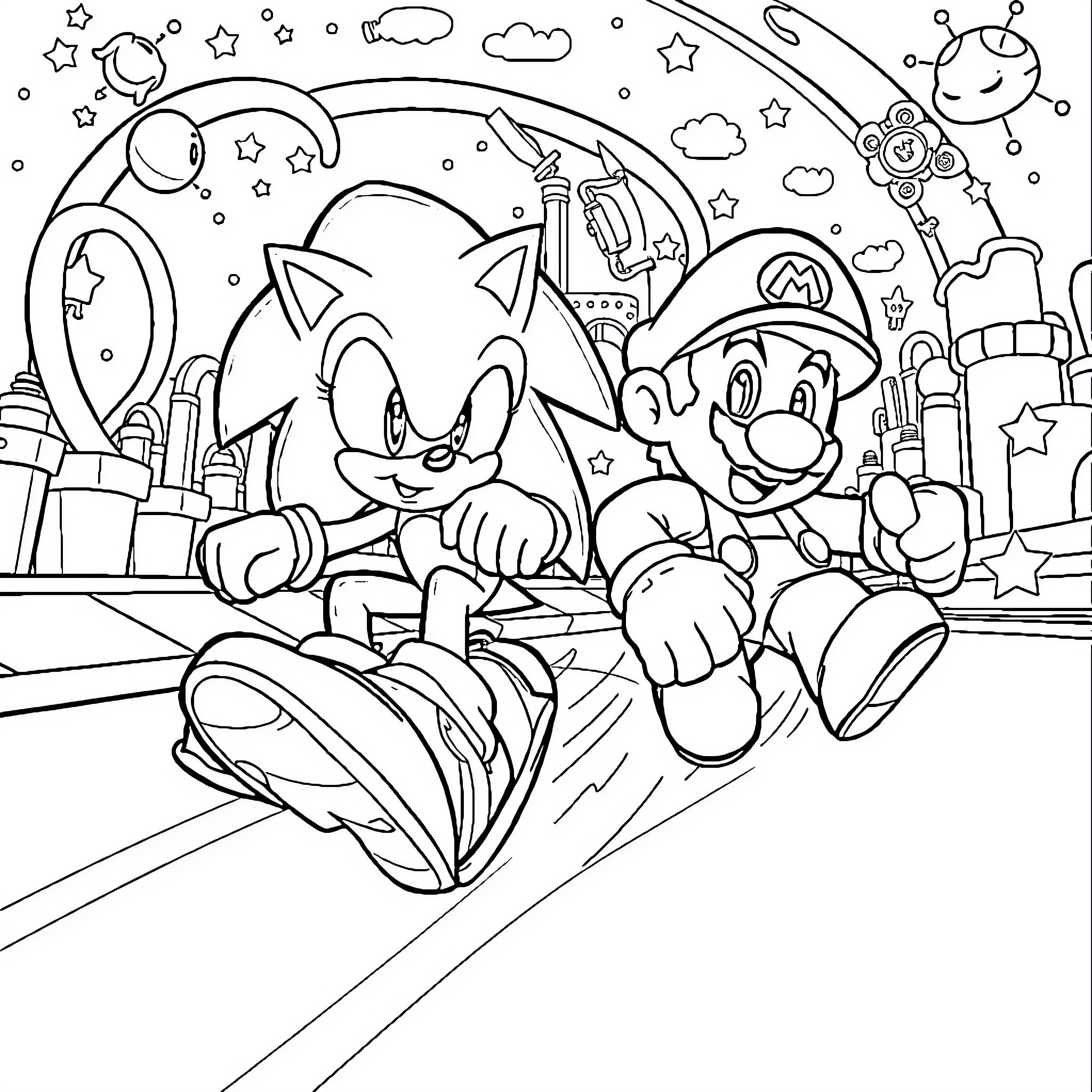 Sonic and Mario racing through a fantasy world Coloring Page (free black-and-white line drawing printable PDF for all, from beginners to advanced learners, including children, teens, adults, and seniors)