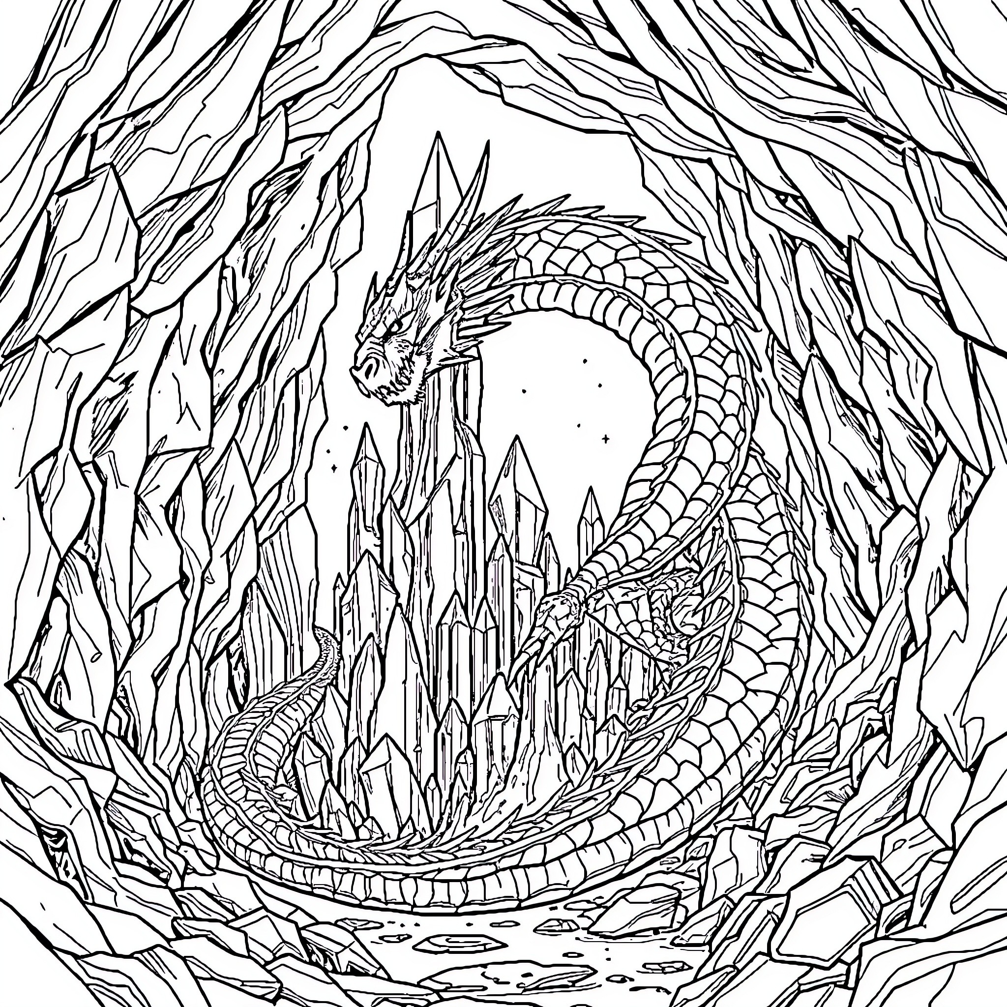 Dragon coiled amidst rocky cavern Coloring Page (free black-and-white line drawing printable PDF for all, from beginners to advanced learners, including children, teens, adults, and seniors)