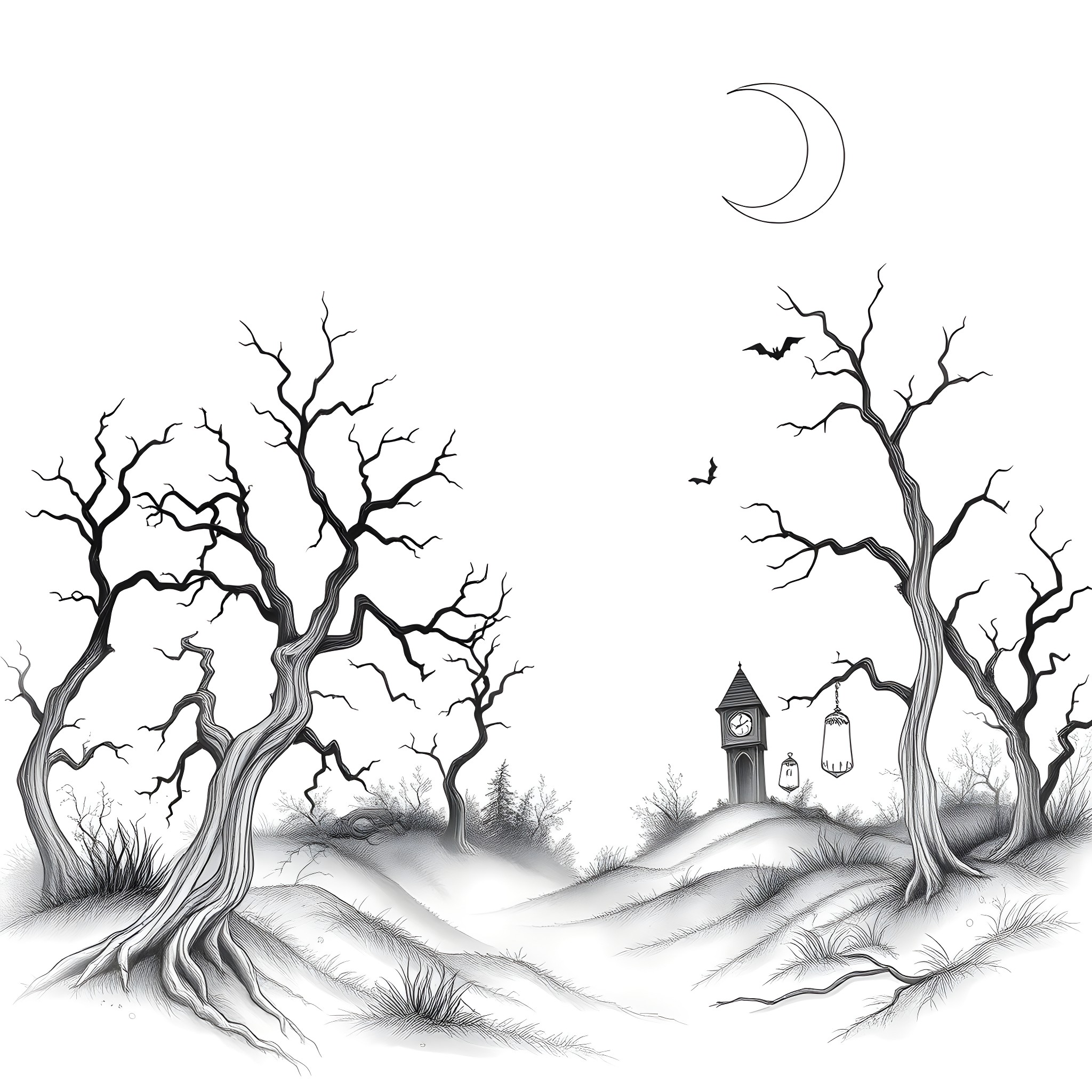 Ghost Trees and Lanterns in Moonlit Landscape Coloring Page (free black-and-white line drawing printable PDF for all, from beginners to advanced learners, including children, teens, adults, and seniors)