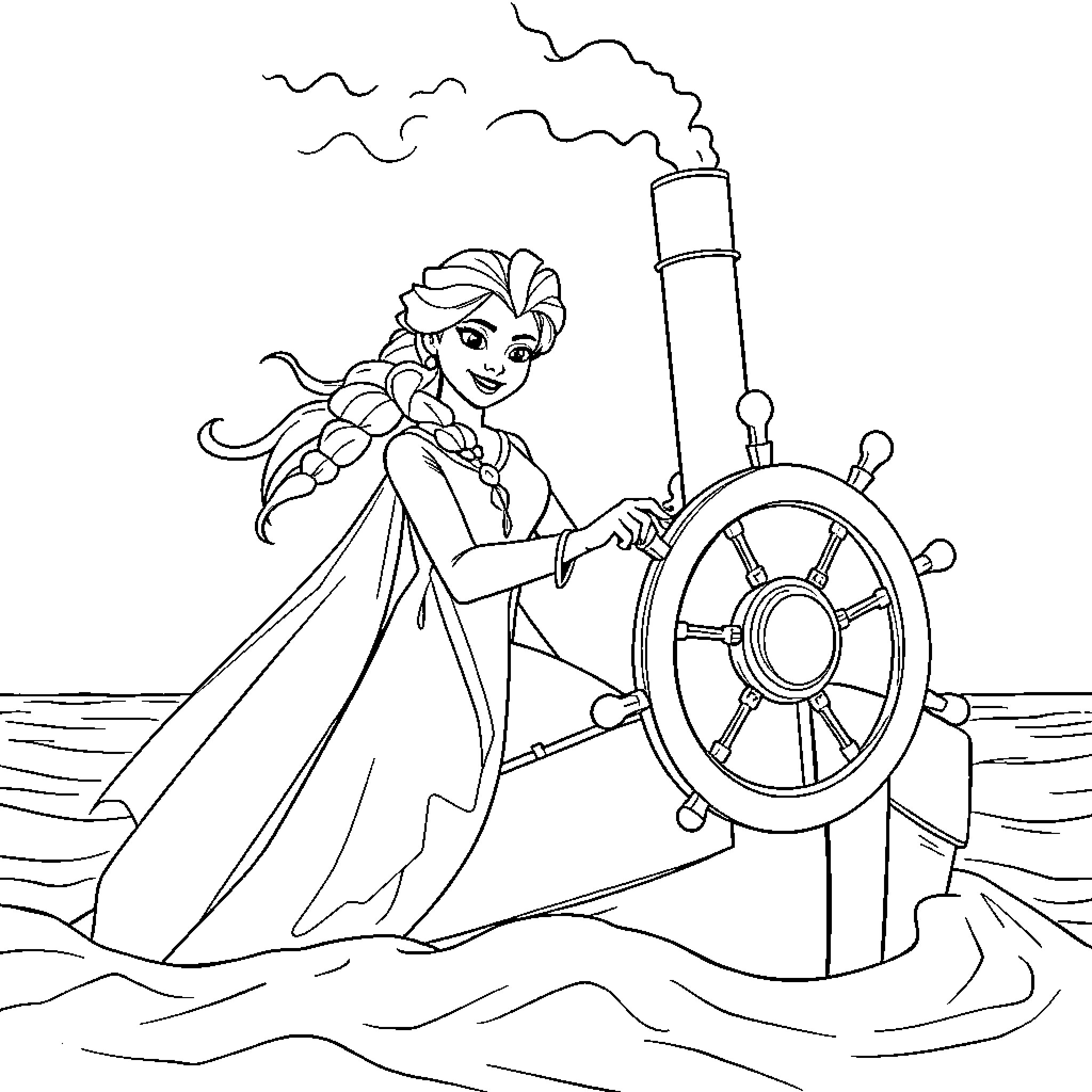 Elsa navigating a ship through the stormy seas Coloring Page (free black-and-white line drawing printable PDF for all, from beginners to advanced learners, including children, teens, adults, and seniors)