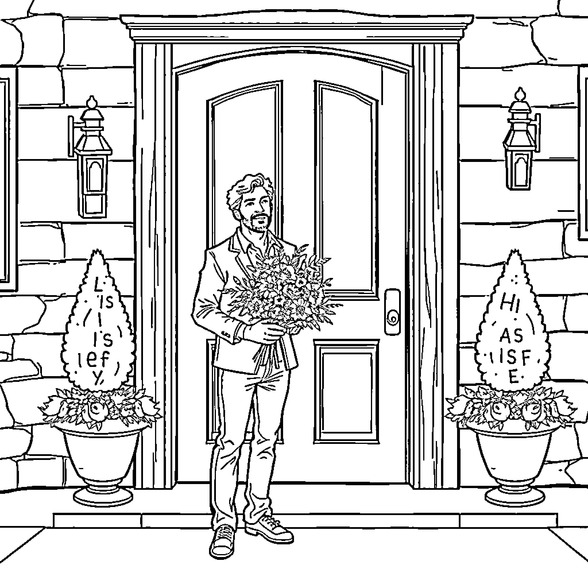 Damon Salvatore holding a bouquet of flowers at a doorway Coloring Page (free black-and-white line drawing printable PDF for all, from beginners to advanced learners, including children, teens, adults, and seniors)