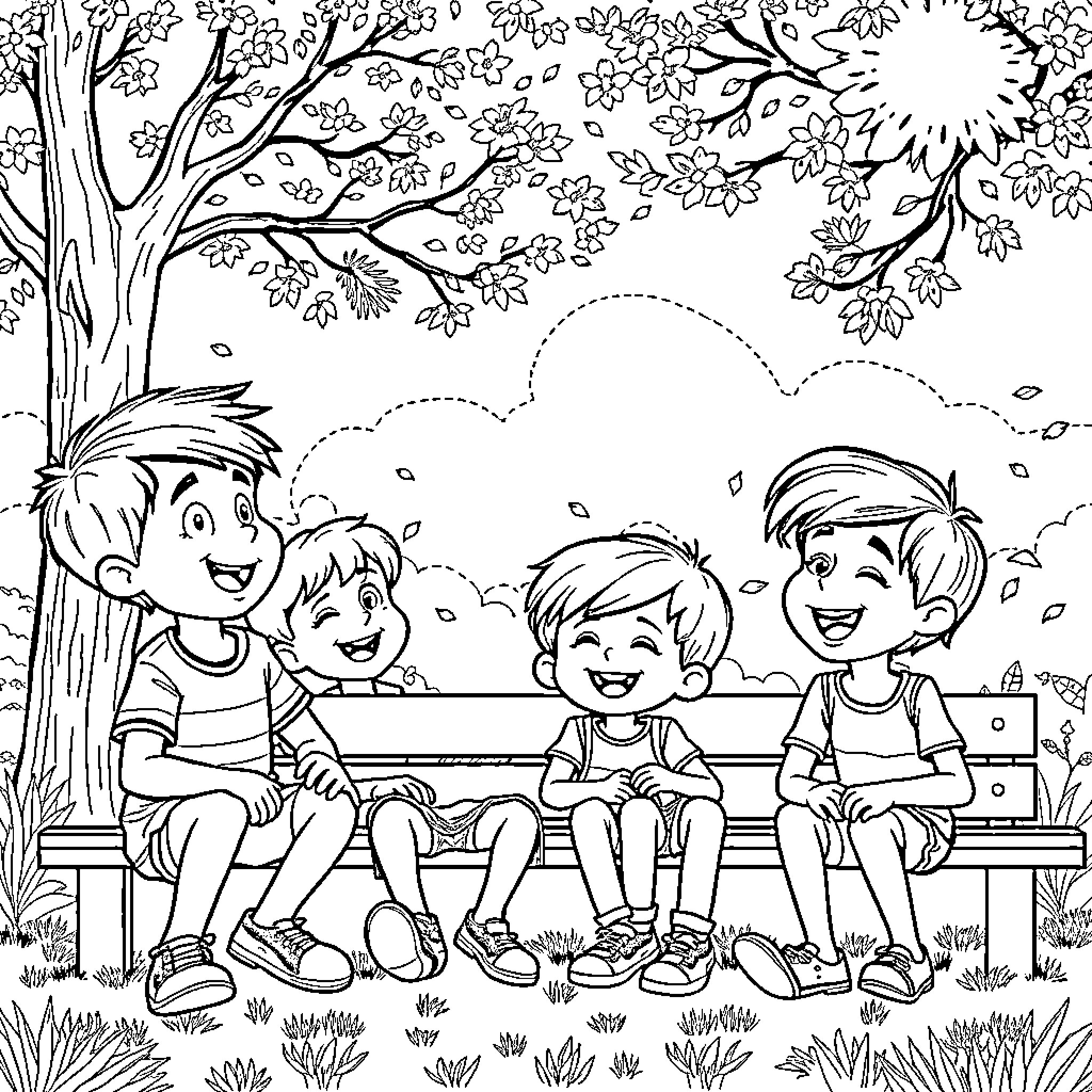 Lucas and Friends Enjoy a Sunny Day Outdoors Coloring Page (free black-and-white line drawing printable PDF for all, from beginners to advanced learners, including children, teens, adults, and seniors)