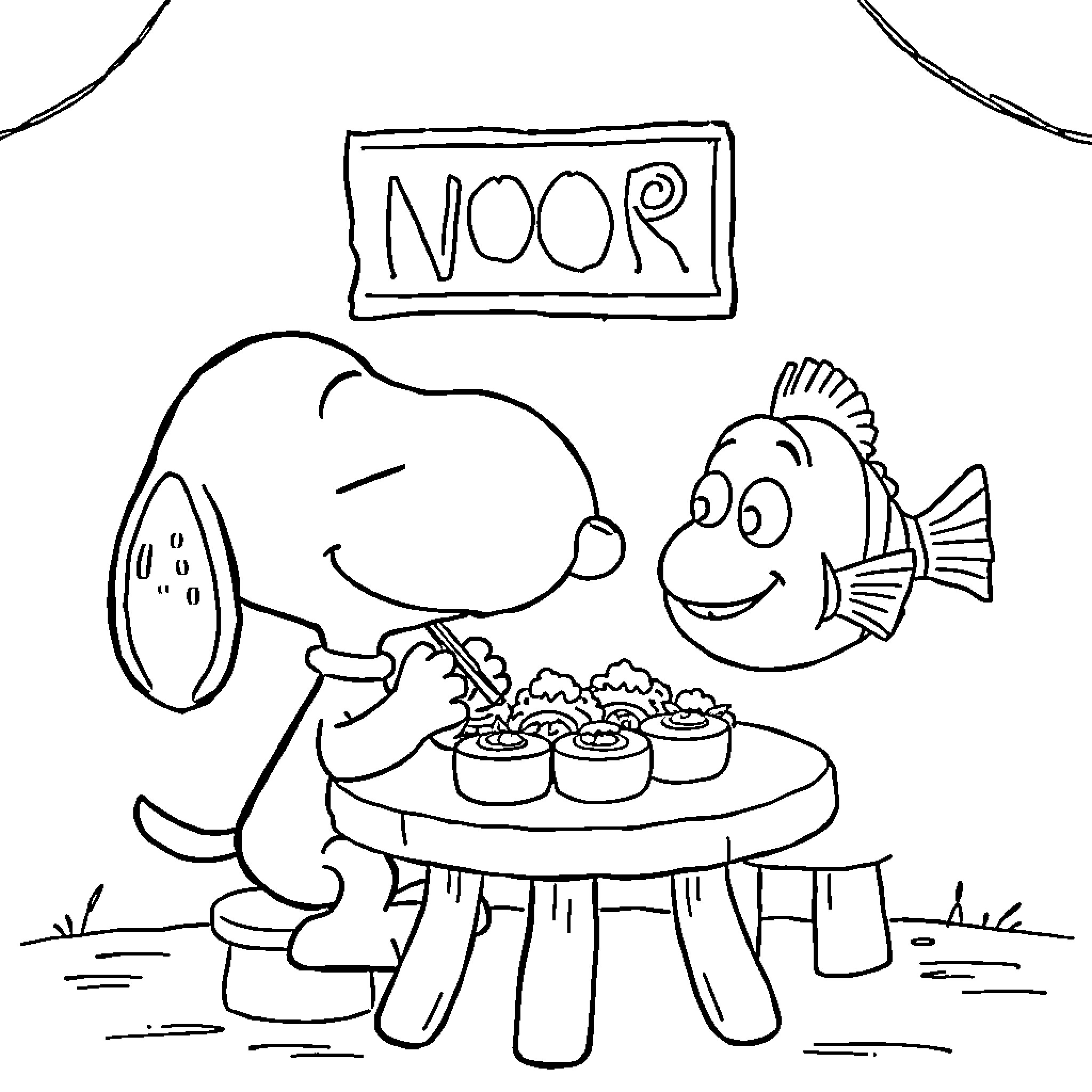 Snoopy and Fish Enjoying Snacks at Noor's Coloring Page (free black-and-white line drawing printable PDF for all, from beginners to advanced learners, including children, teens, adults, and seniors)