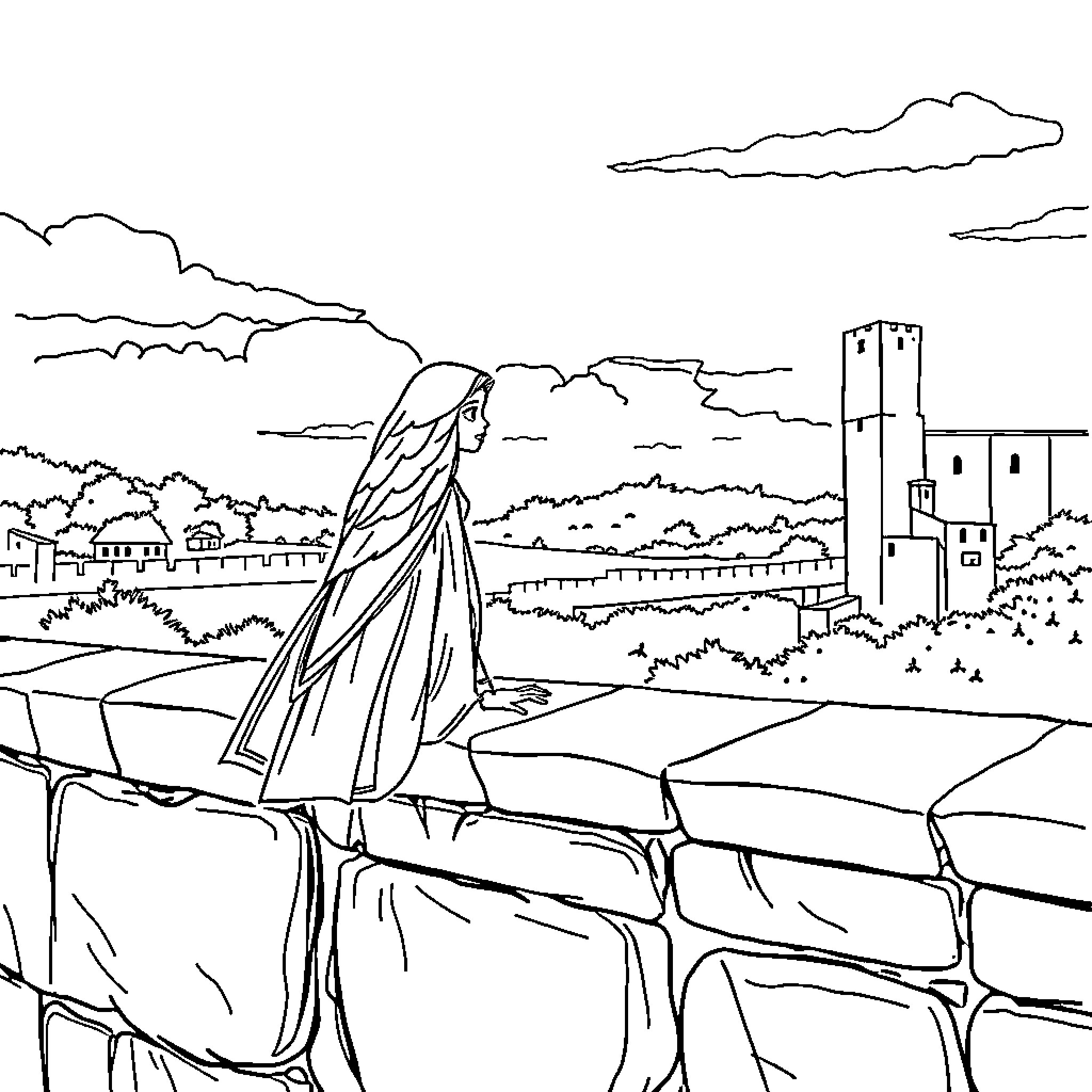 Violet Sorrengail's Solitary Journey Through the Landscape Coloring Page (free black-and-white line drawing printable PDF for all, from beginners to advanced learners, including children, teens, adults, and seniors)