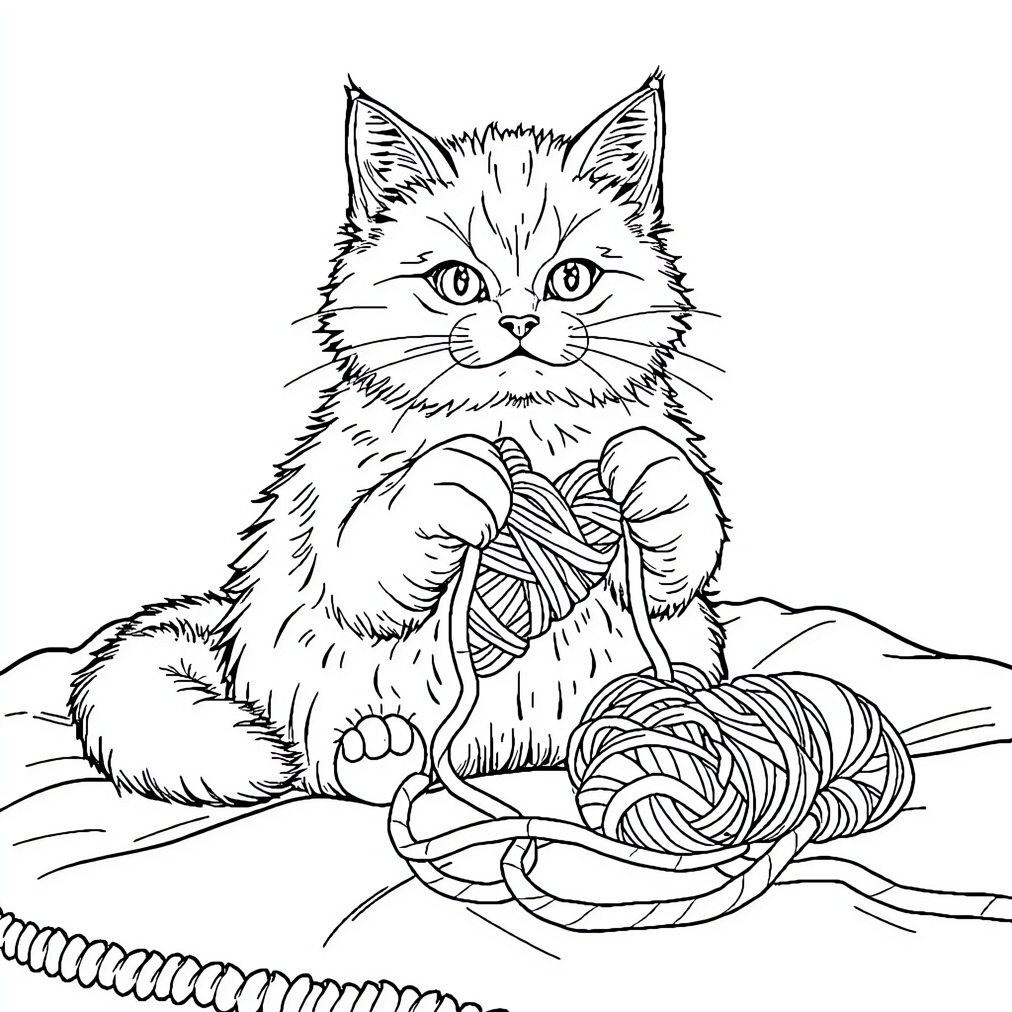Cat playing with yarn in an illustration Coloring Page (free black-and-white line drawing printable PDF for all, from beginners to advanced learners, including children, teens, adults, and seniors)