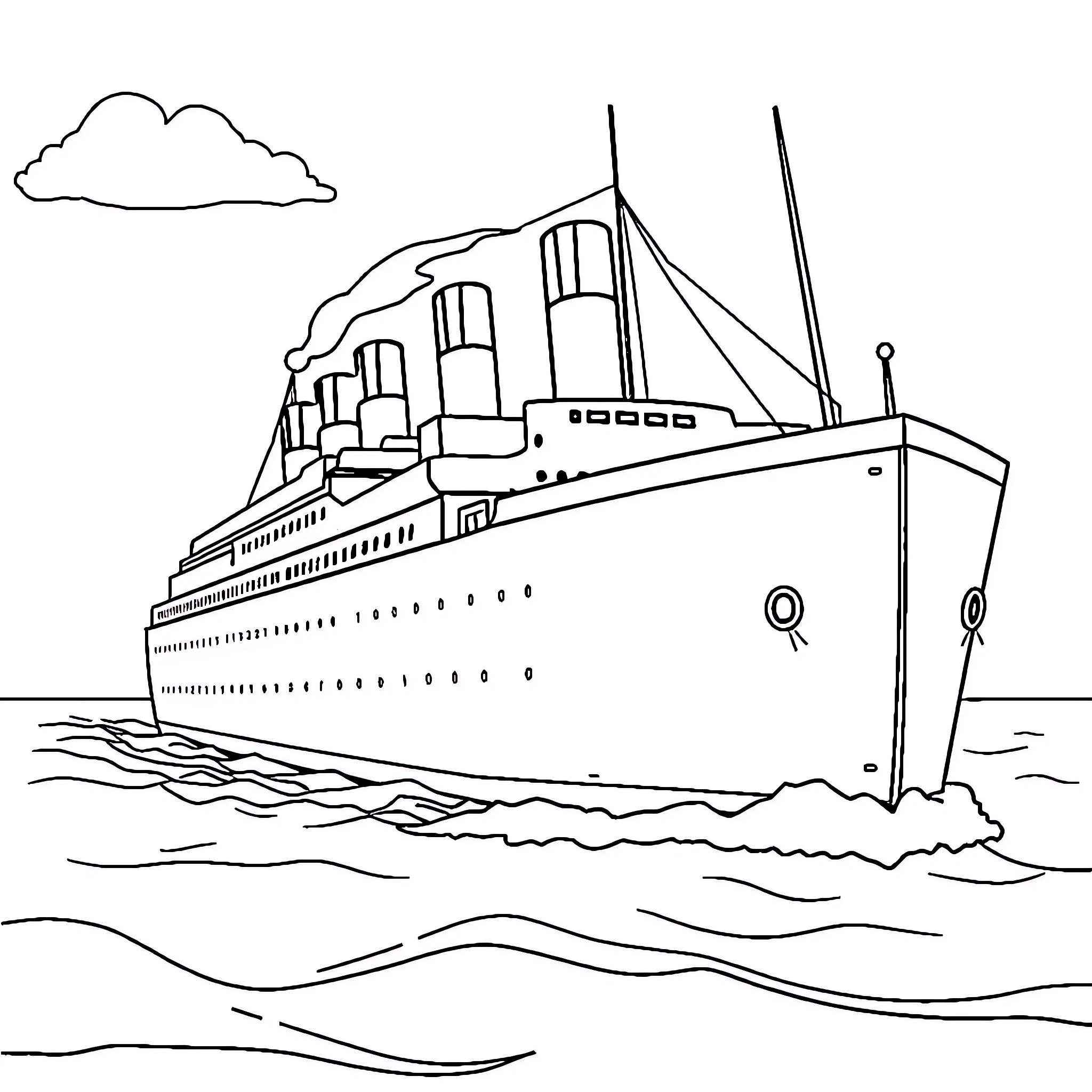 Titanic passenger ship sailing on the open sea Coloring Page (free black-and-white line drawing printable PDF for all, from beginners to advanced learners, including children, teens, adults, and seniors)