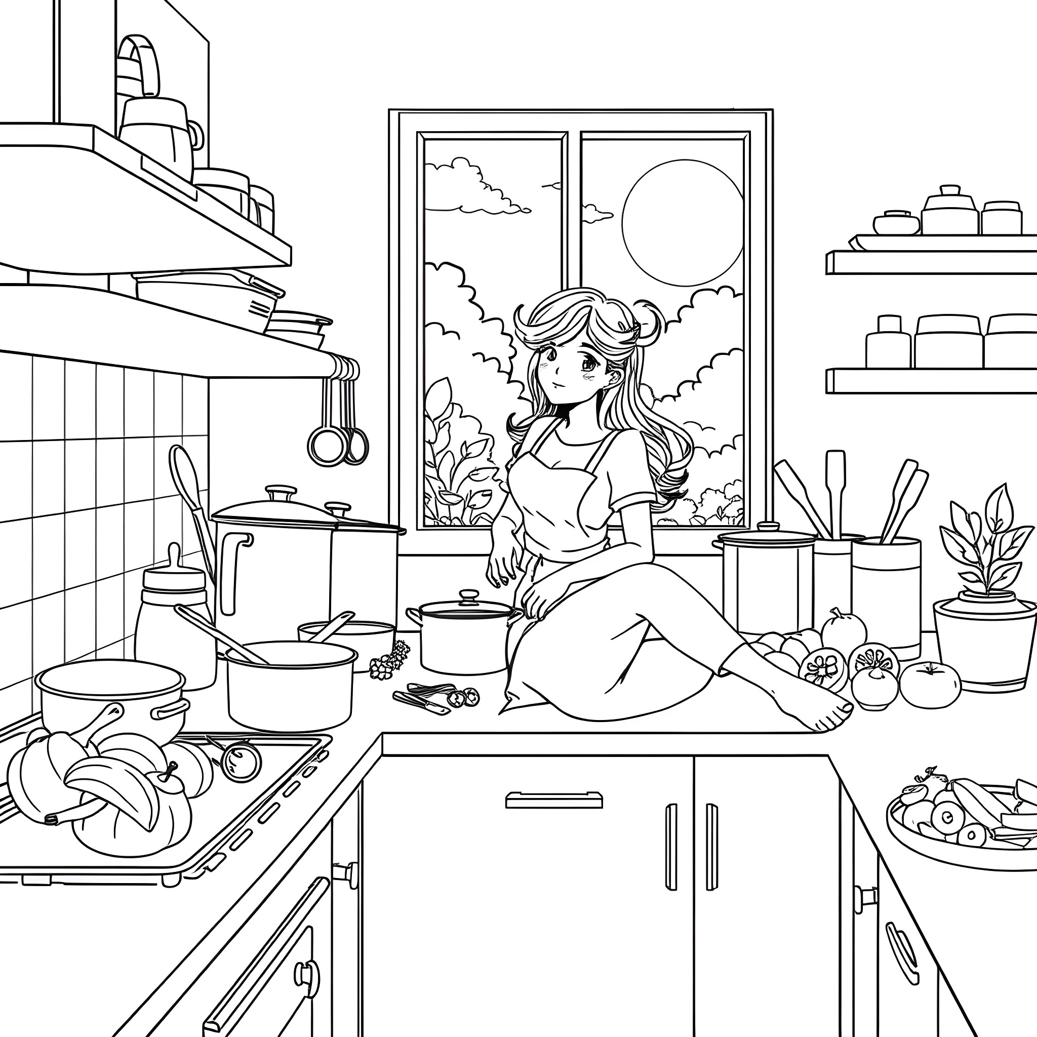 Kitchen Assistant Enjoying a Peaceful Moment Coloring Page (free black-and-white line drawing printable PDF for all, from beginners to advanced learners, including children, teens, adults, and seniors)