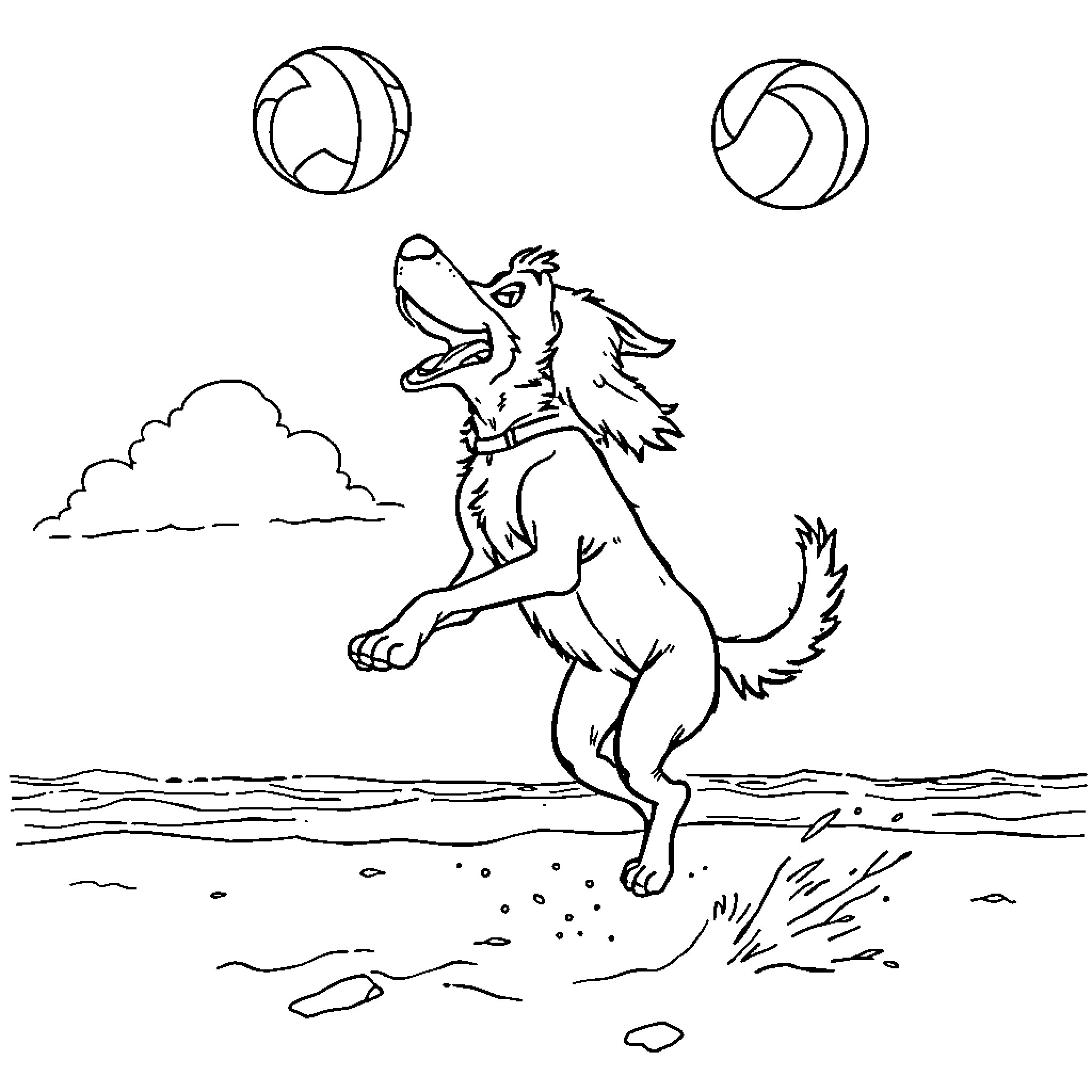 Huntrix Wolf Leaping and Playing with Volleyballs Coloring Page (free black-and-white line drawing printable PDF for all, from beginners to advanced learners, including children, teens, adults, and seniors)