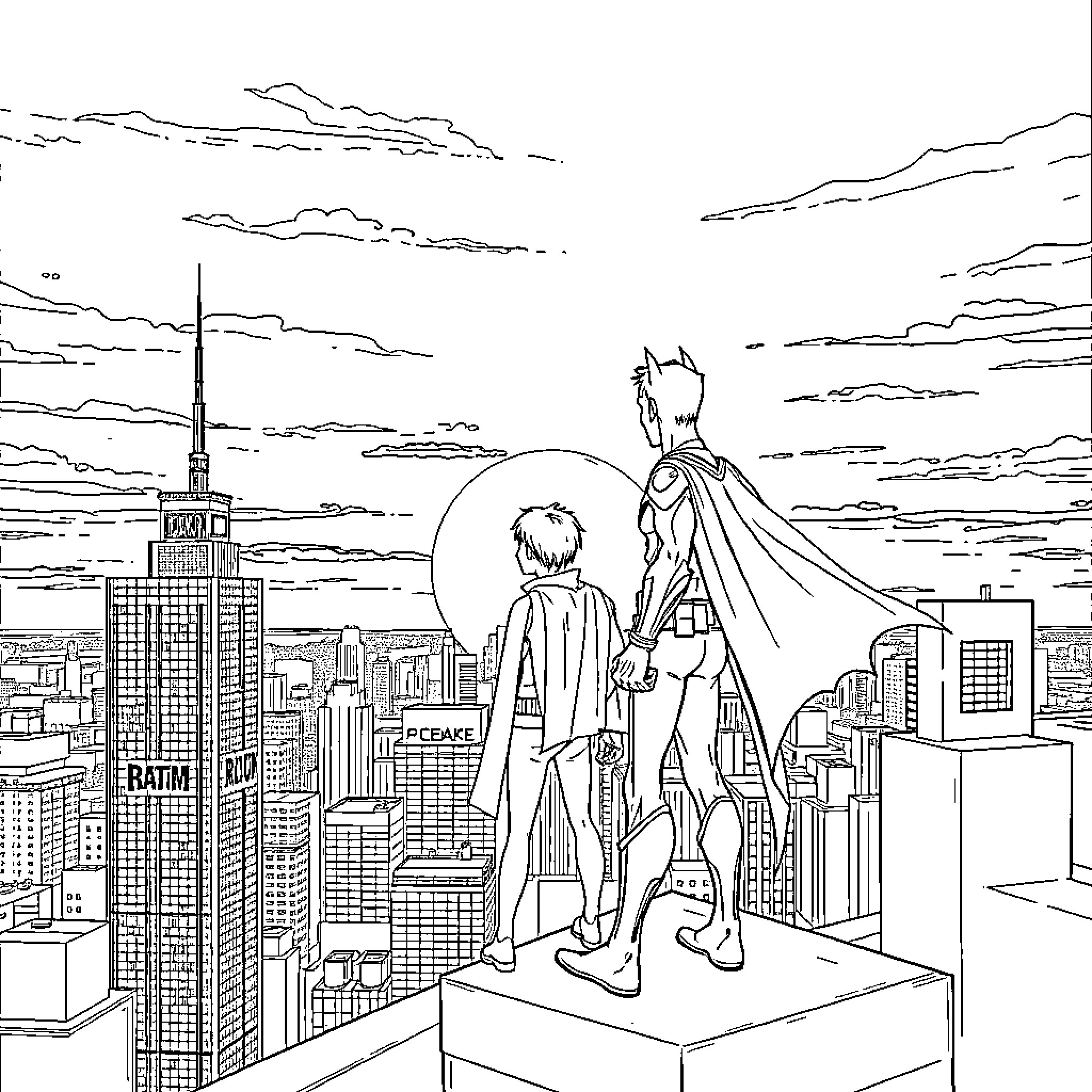 Batman watching over the city skyline Coloring Page (free black-and-white line drawing printable PDF for all, from beginners to advanced learners, including children, teens, adults, and seniors)