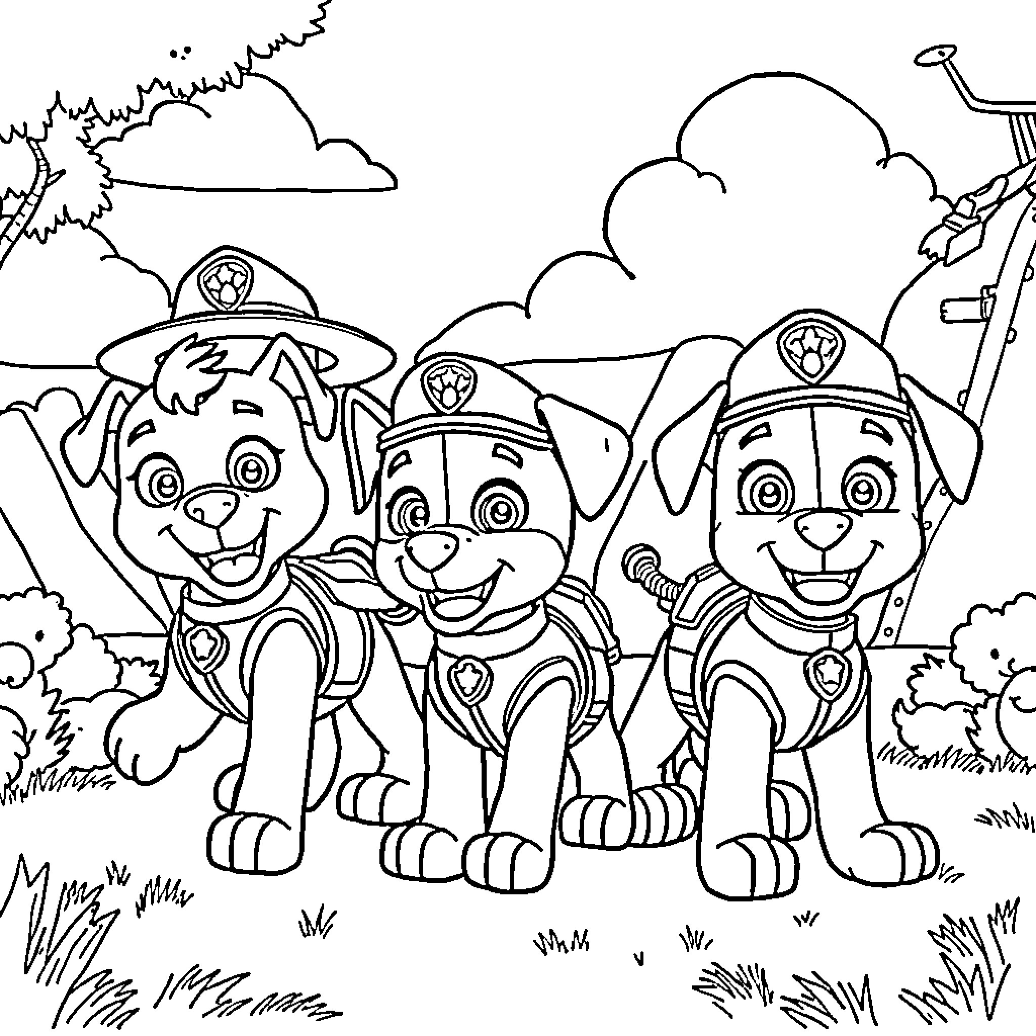 Paw Patrol Rescue Team in Action Coloring Page (free black-and-white line drawing printable PDF for all, from beginners to advanced learners, including children, teens, adults, and seniors)