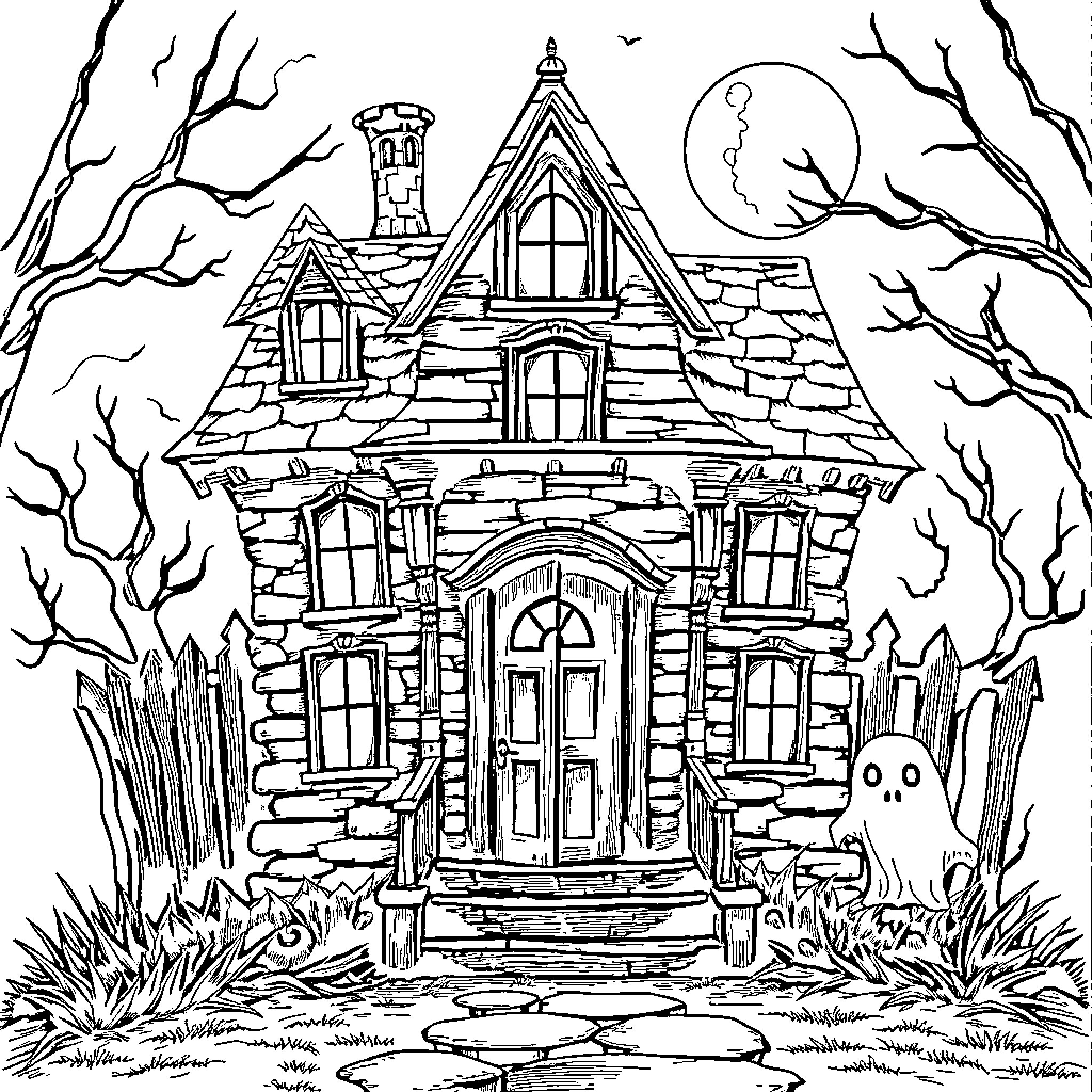 Haunted House with Ghostly Presence Coloring Page (free black-and-white line drawing printable PDF for all, from beginners to advanced learners, including children, teens, adults, and seniors)