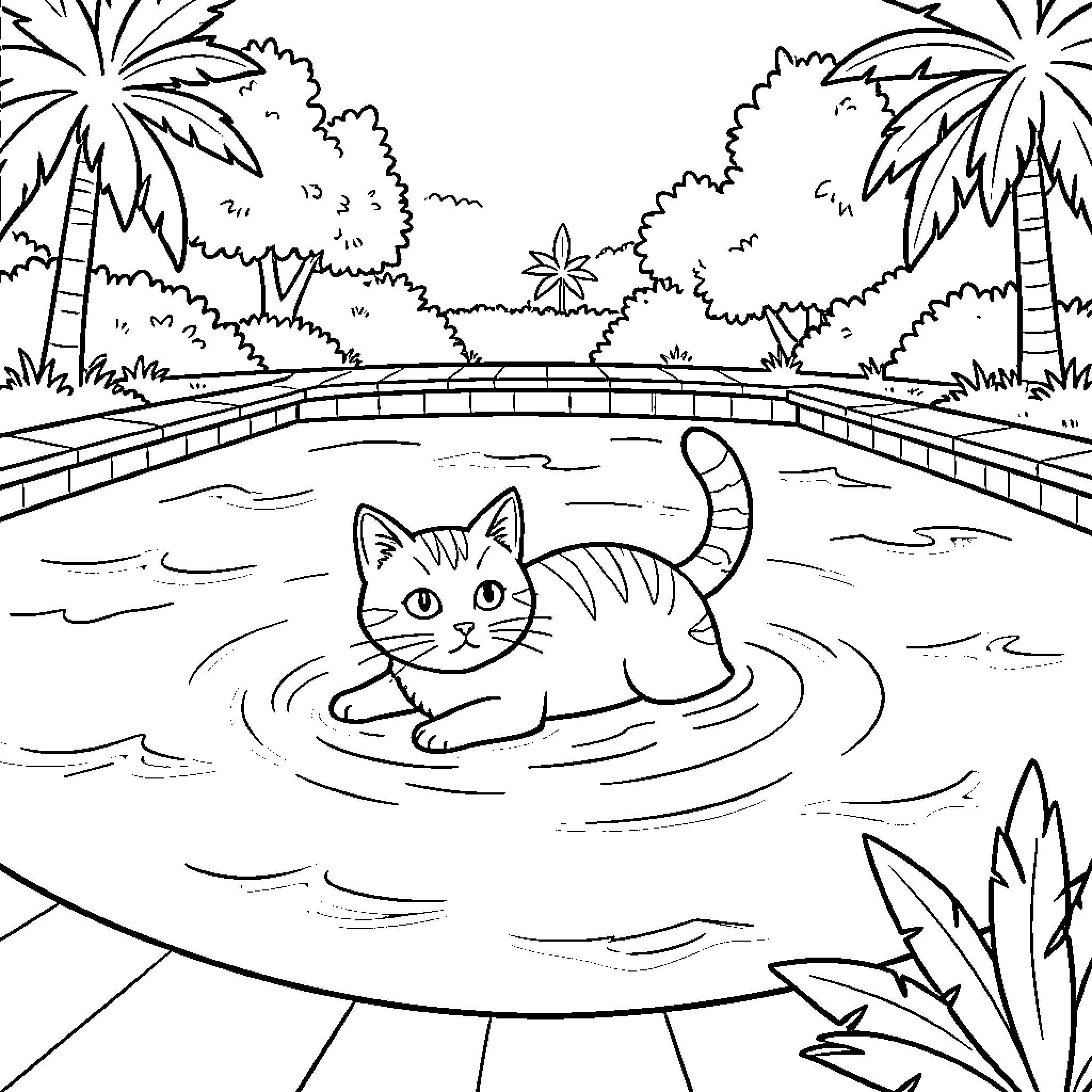 Cat swimming in a tropical pond Coloring Page (free black-and-white line drawing printable PDF for all, from beginners to advanced learners, including children, teens, adults, and seniors)
