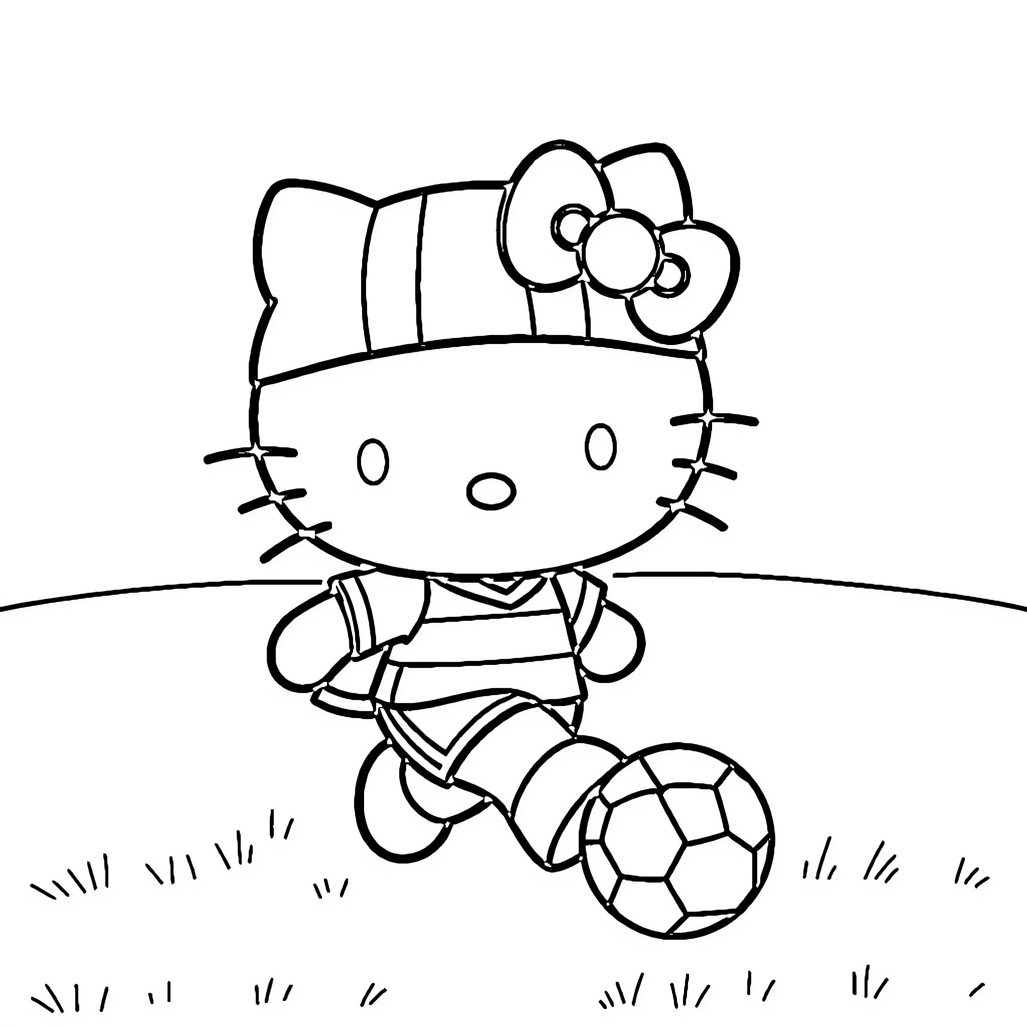 Hello Kitty playing with soccer ball in the park Coloring Page (free black-and-white line drawing printable PDF for all, from beginners to advanced learners, including children, teens, adults, and seniors)