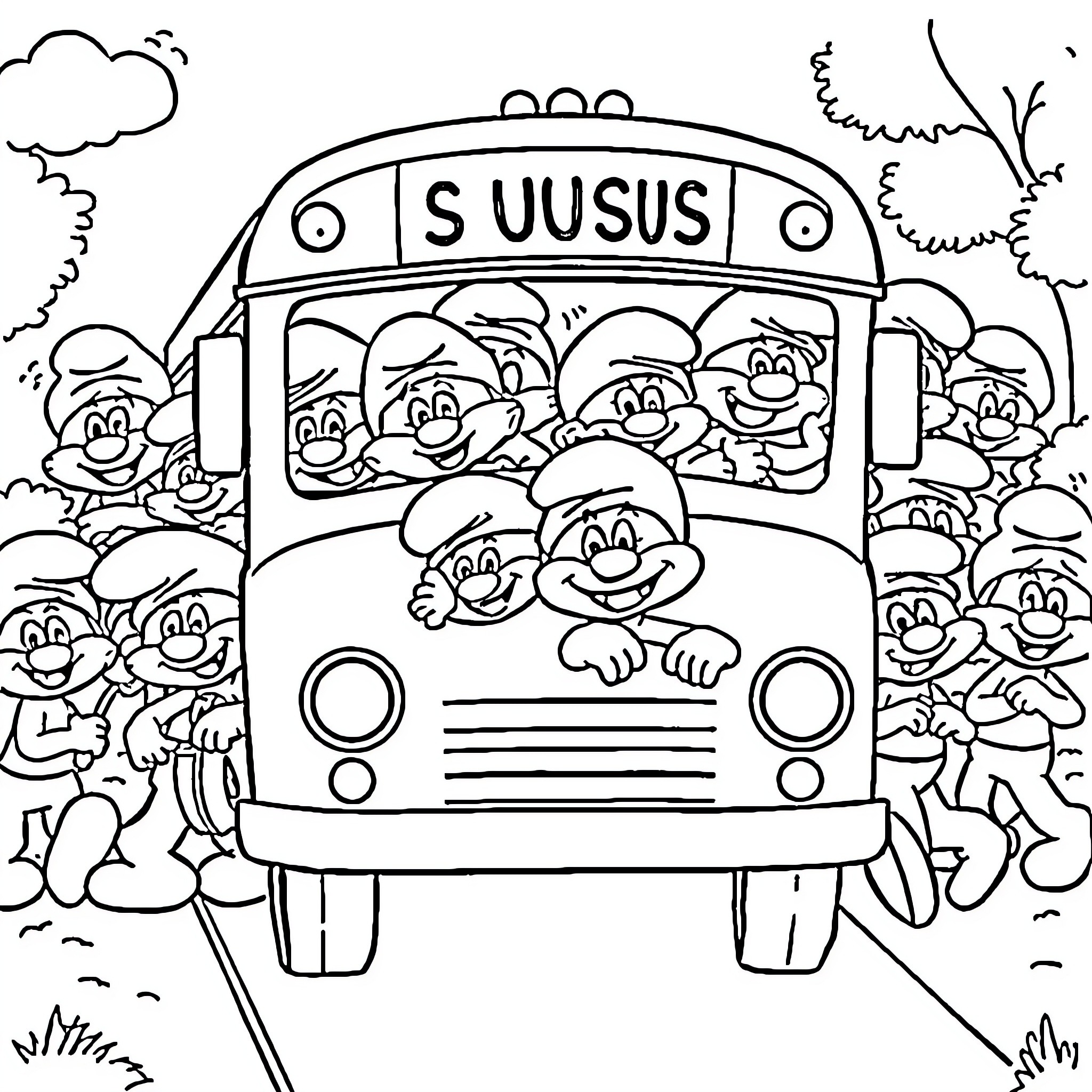 School Bus Full of Cheerful Cartoon Characters Coloring Page (free black-and-white line drawing printable PDF for all, from beginners to advanced learners, including children, teens, adults, and seniors)