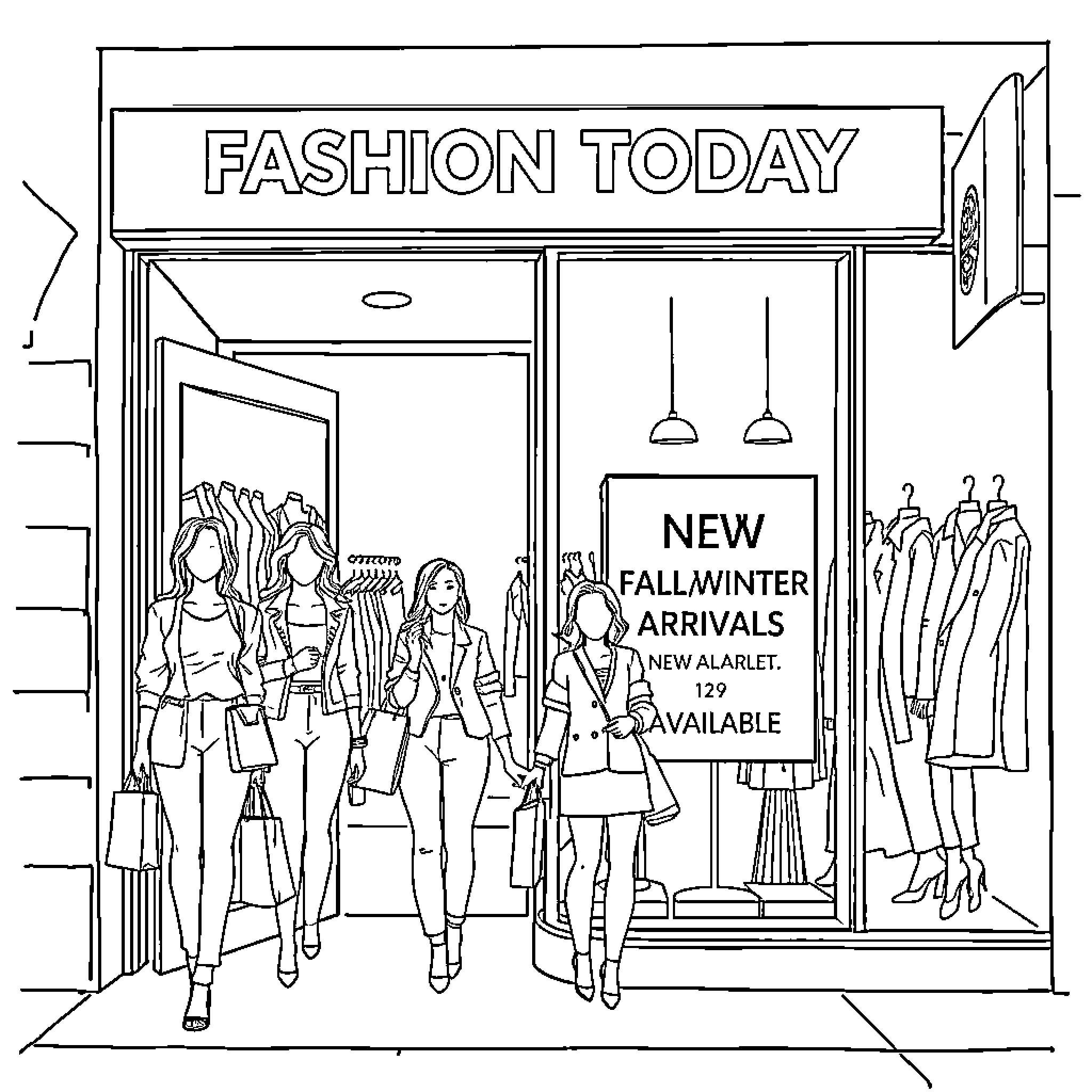 Boutique showcasing new fall/winter fashion arrivals Coloring Page (free black-and-white line drawing printable PDF for all, from beginners to advanced learners, including children, teens, adults, and seniors)