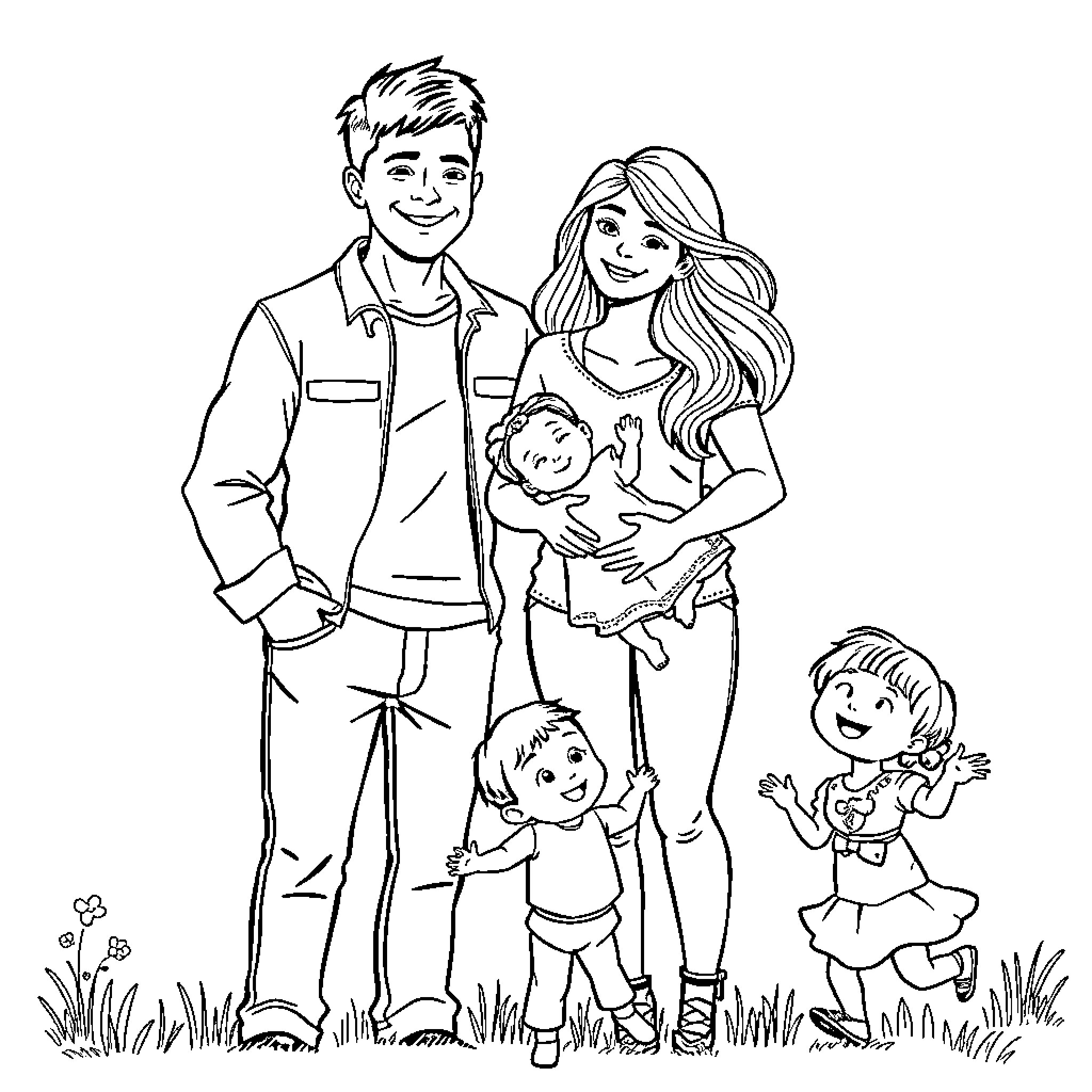 Man with family enjoying outdoor time Coloring Page (free black-and-white line drawing printable PDF for all, from beginners to advanced learners, including children, teens, adults, and seniors)