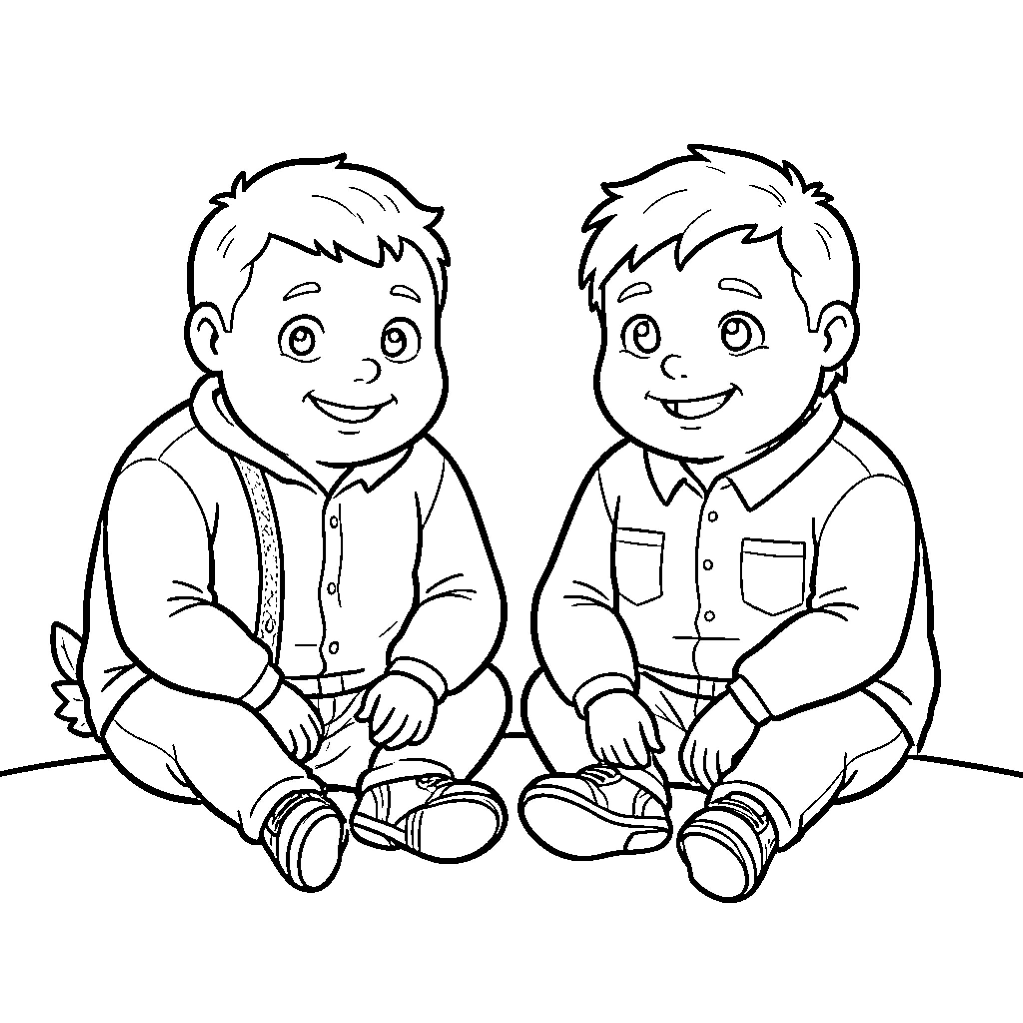 Loonies sitting together and smiling happily Coloring Page (free black-and-white line drawing printable PDF for all, from beginners to advanced learners, including children, teens, adults, and seniors)