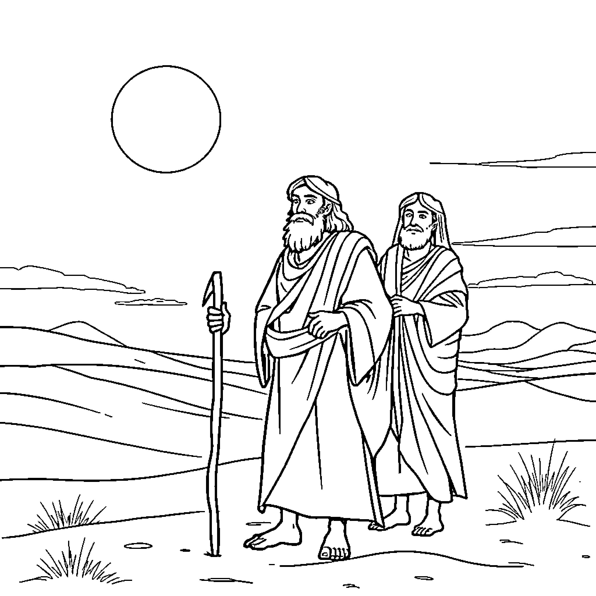 Joseph and his companion walking in the wilderness Coloring Page (free black-and-white line drawing printable PDF for all, from beginners to advanced learners, including children, teens, adults, and seniors)