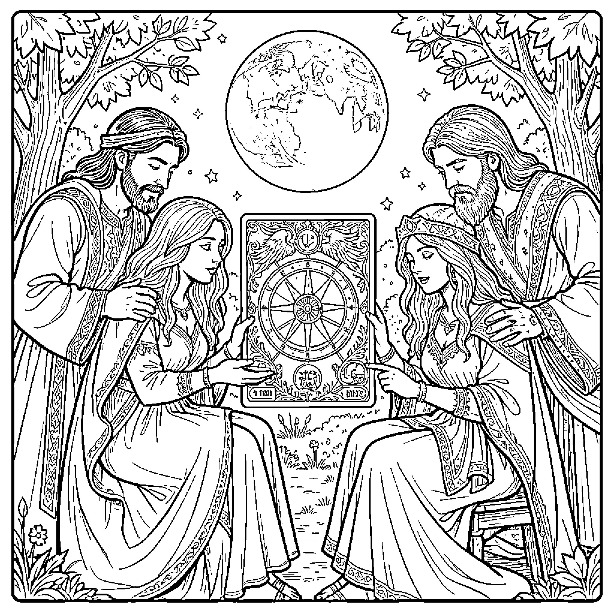 Tarot Card Reading in the Enchanted Forest Coloring Page (free black-and-white line drawing printable PDF for all, from beginners to advanced learners, including children, teens, adults, and seniors)
