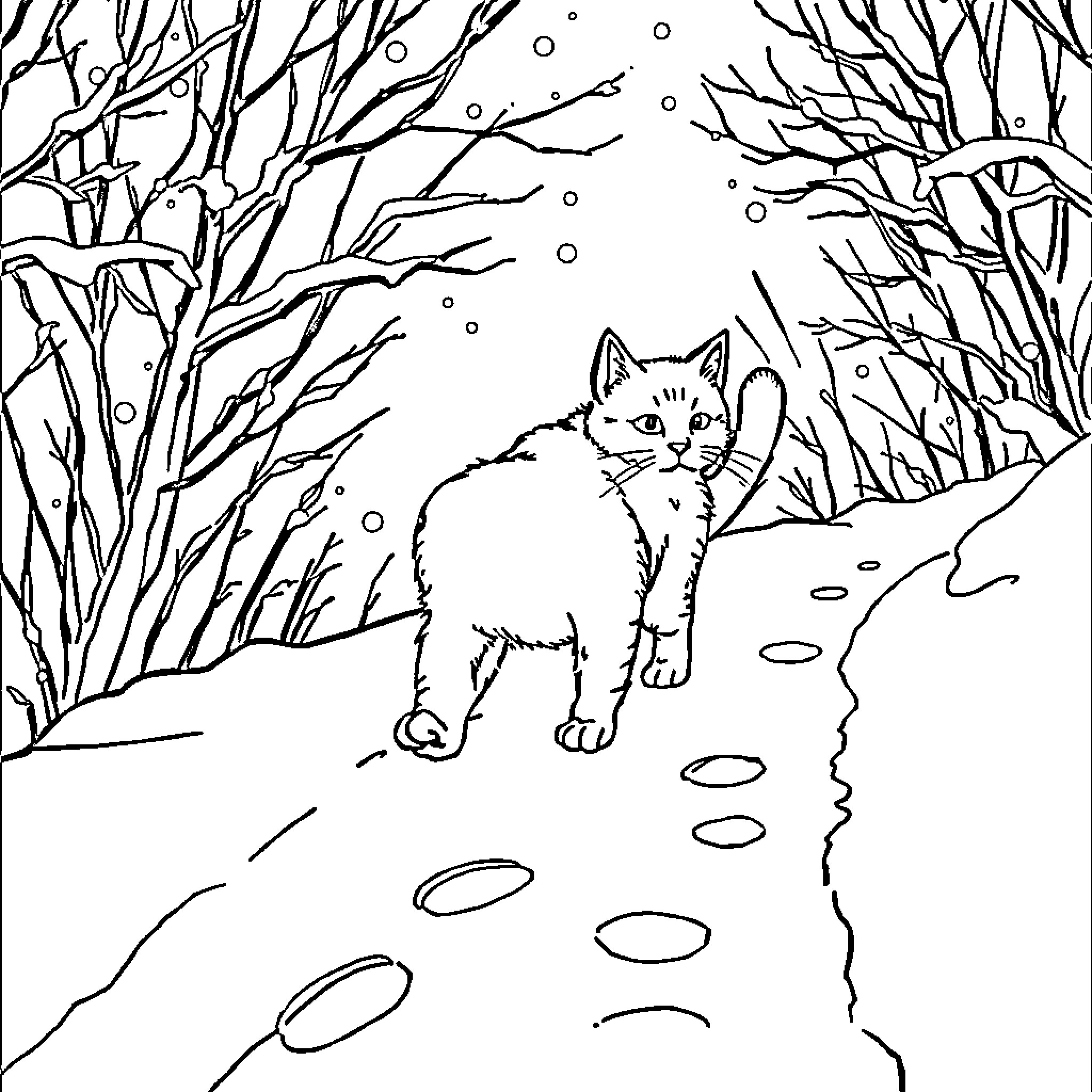 Cat in Snowy Forest Coloring Page (free black-and-white line drawing printable PDF for all, from beginners to advanced learners, including children, teens, adults, and seniors)