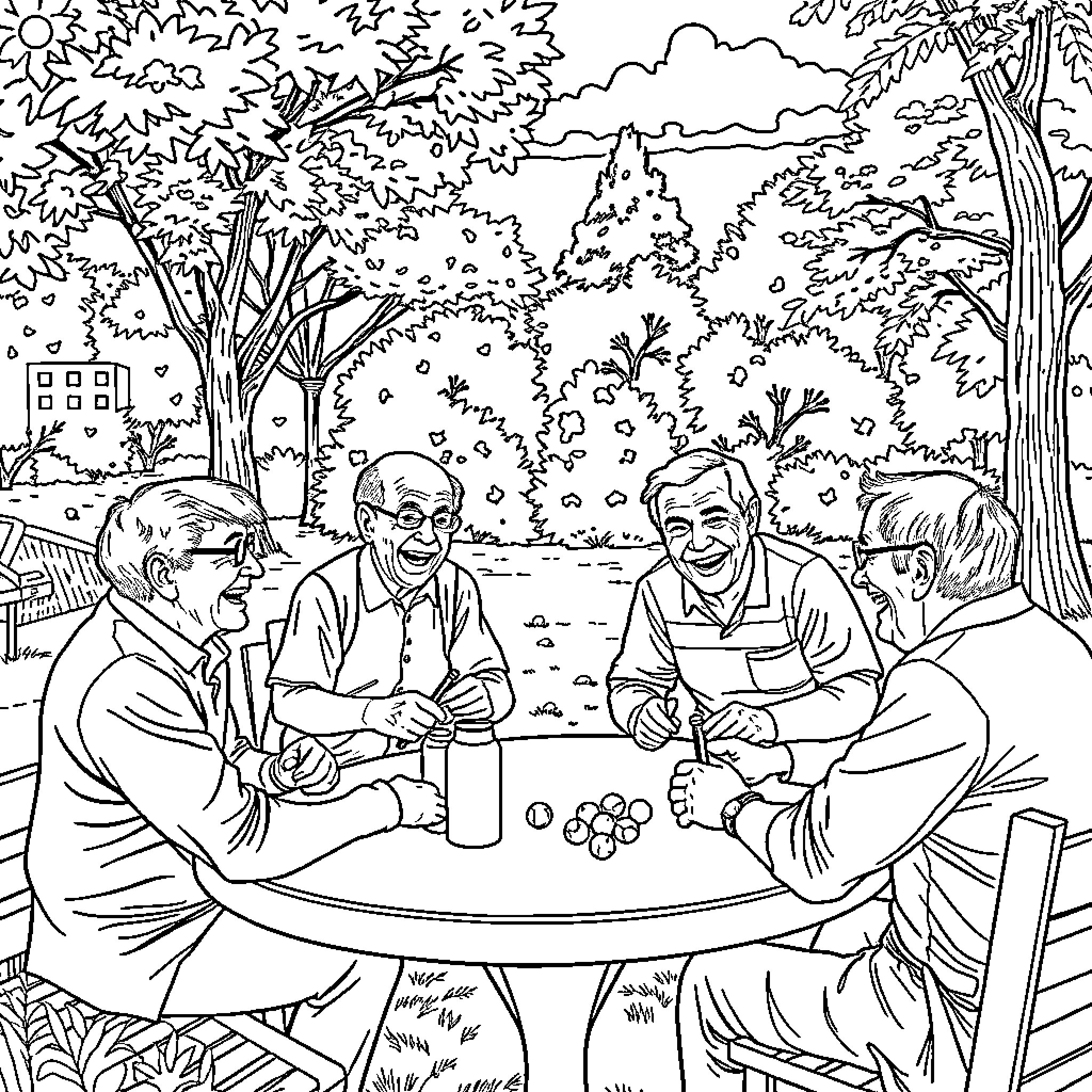 Old People Enjoying Outdoor Gathering in Nature Coloring Page (free black-and-white line drawing printable PDF for all, from beginners to advanced learners, including children, teens, adults, and seniors)