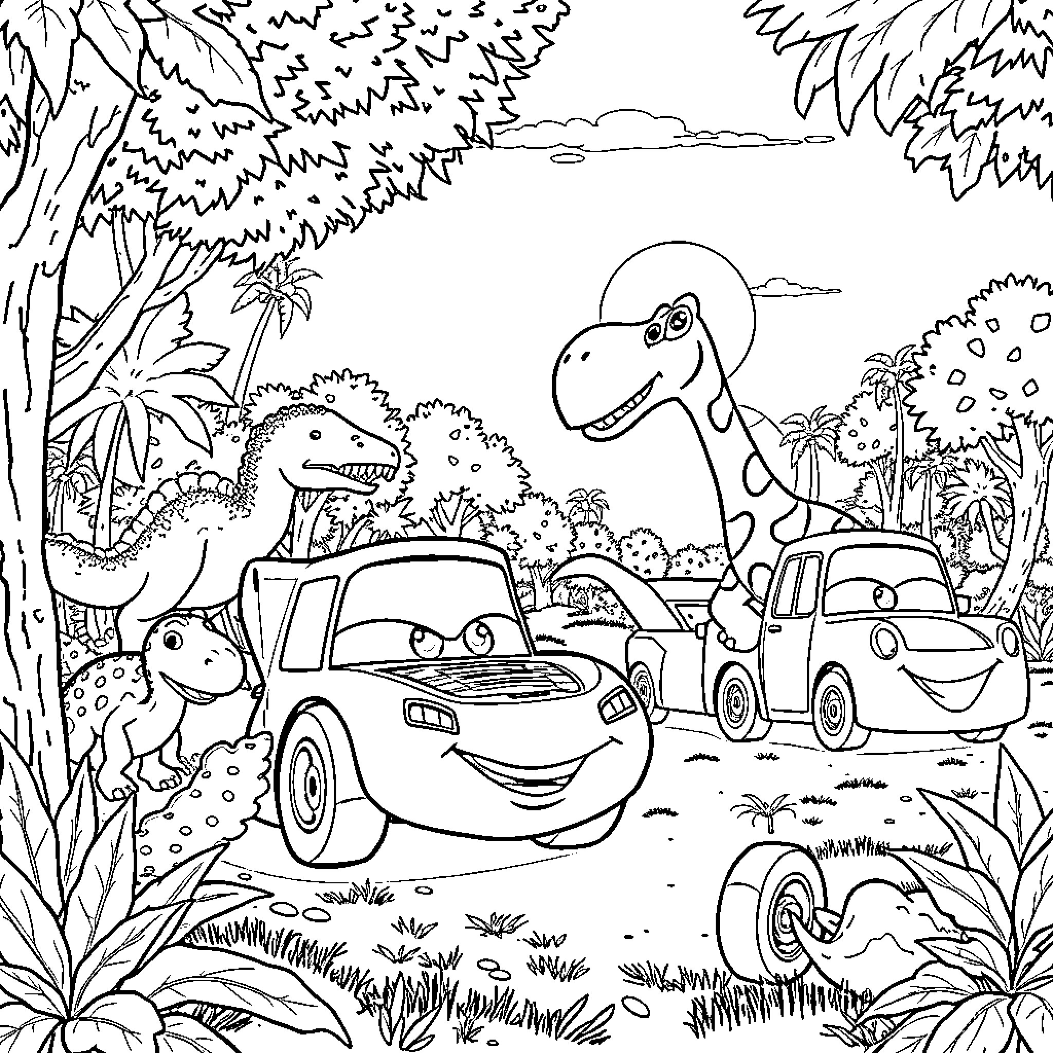 Clown cars and dinosaurs in a tropical jungle Coloring Page (free black-and-white line drawing printable PDF for all, from beginners to advanced learners, including children, teens, adults, and seniors)