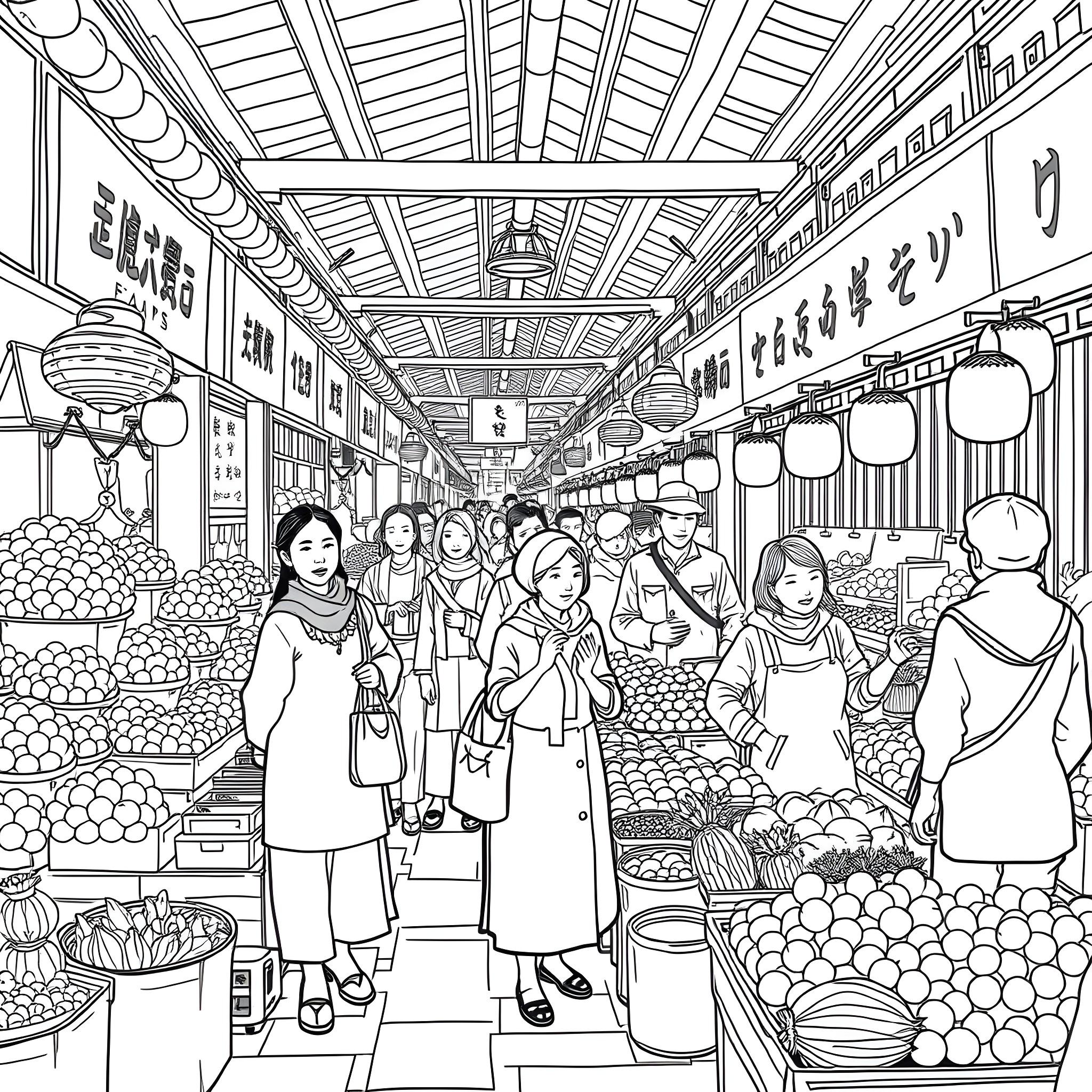 Women exploring a vibrant Japanese market Coloring Page (free black-and-white line drawing printable PDF for all, from beginners to advanced learners, including children, teens, adults, and seniors)