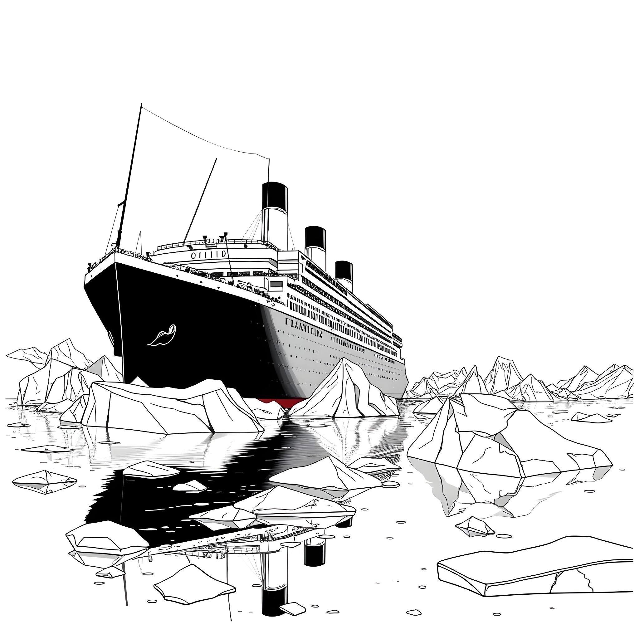 Titanic ship in the icy waters Coloring Page (free black-and-white line drawing printable PDF for all, from beginners to advanced learners, including children, teens, adults, and seniors)