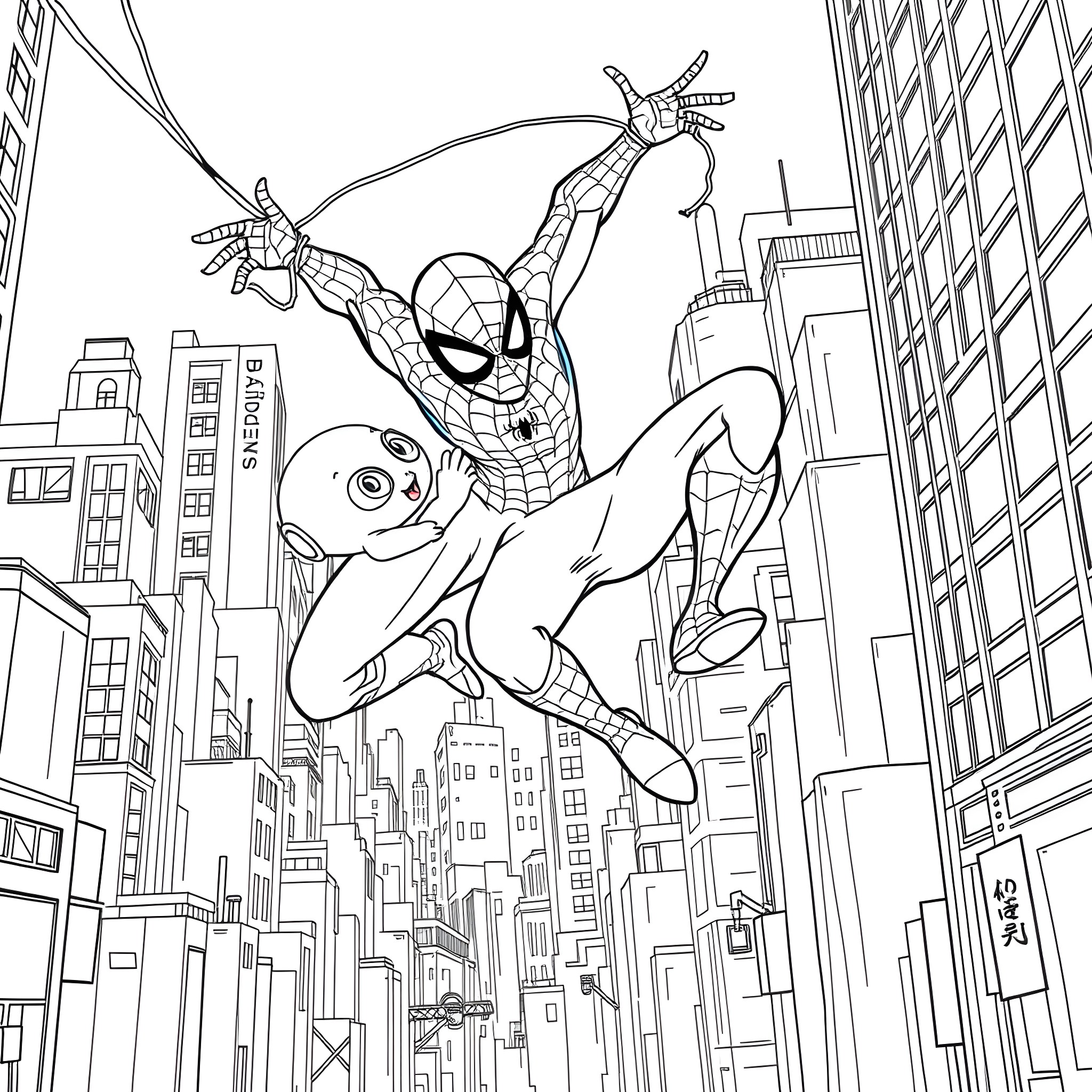 Bluey Spider-Man Swinging Through the City Coloring Page (free black-and-white line drawing printable PDF for all, from beginners to advanced learners, including children, teens, adults, and seniors)