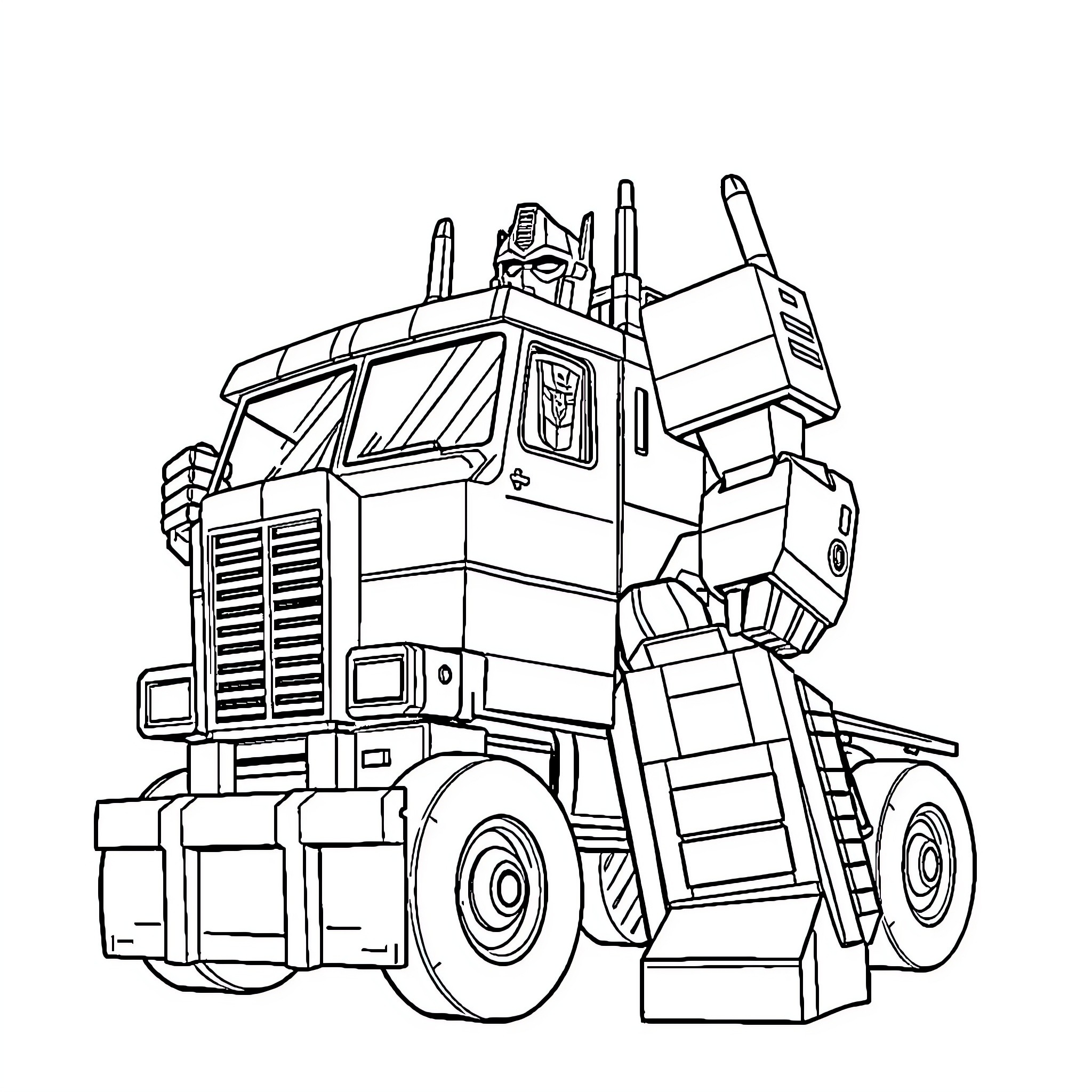 Optimus Prime standing tall with robotic features Coloring Page (free black-and-white line drawing printable PDF for all, from beginners to advanced learners, including children, teens, adults, and seniors)