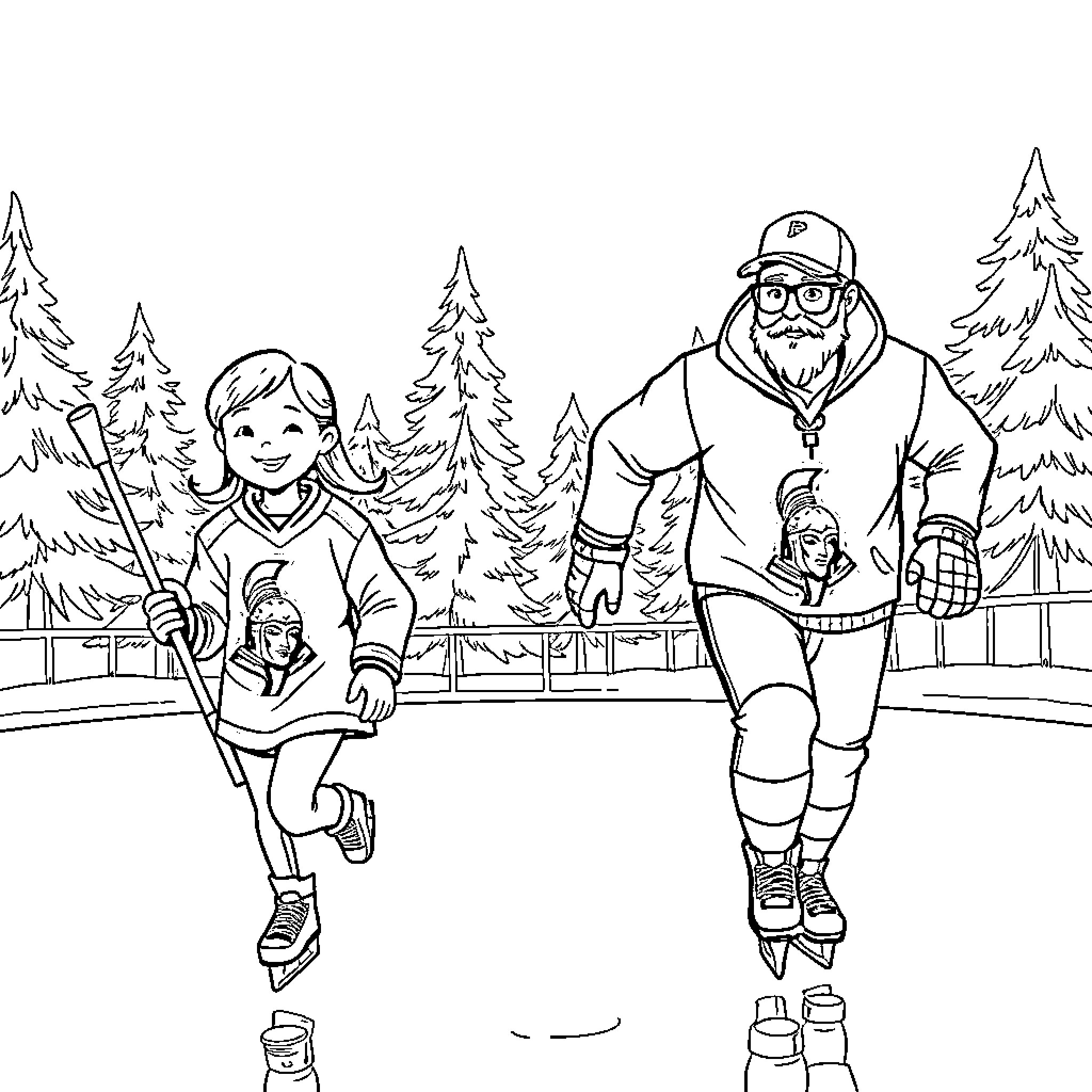 Girl and Man Ice Skating Together in the Winter Coloring Page (free black-and-white line drawing printable PDF for all, from beginners to advanced learners, including children, teens, adults, and seniors)
