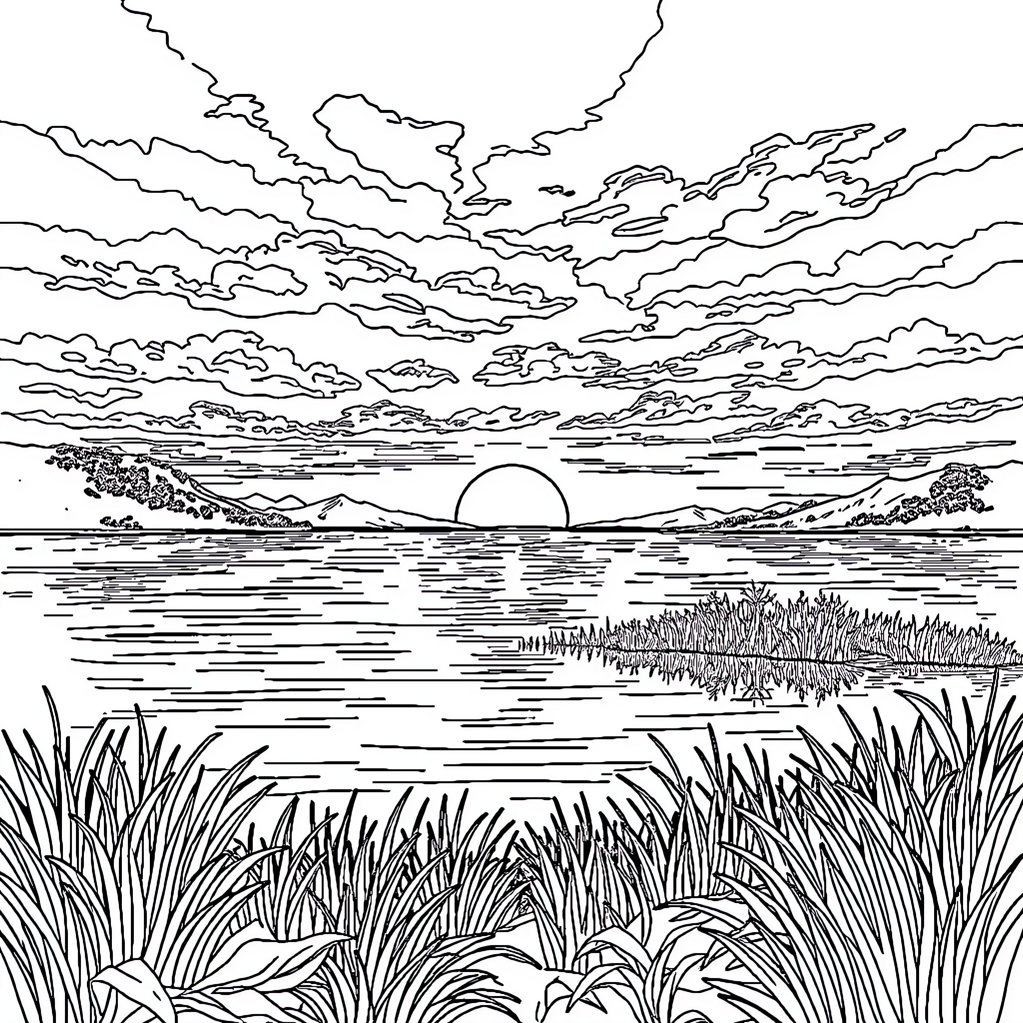 Photo of a Scenic Landscape at Sunset Coloring Page (free black-and-white line drawing printable PDF for all, from beginners to advanced learners, including children, teens, adults, and seniors)